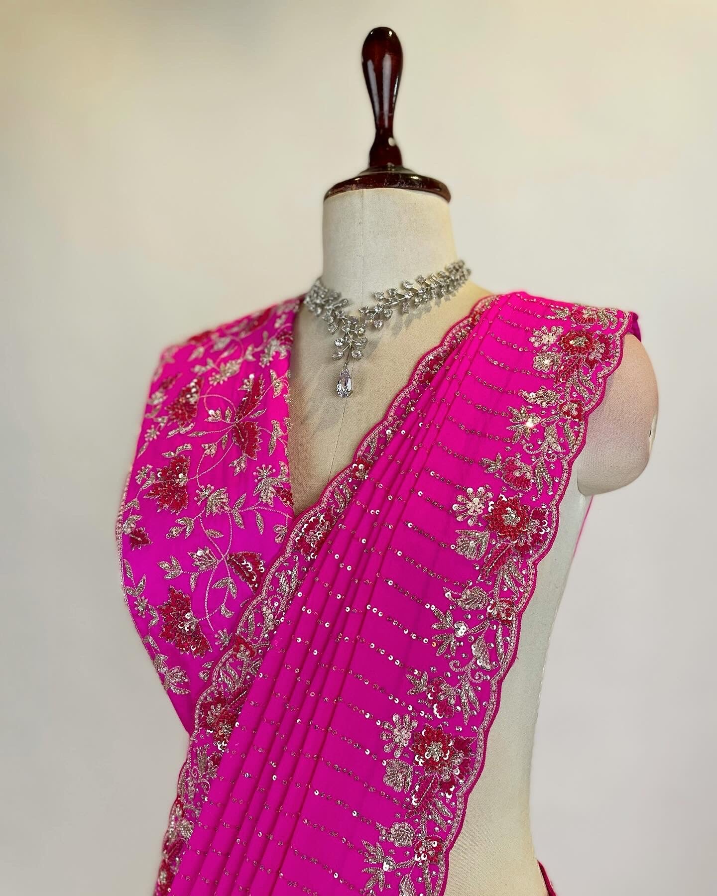 Hot Pink Gorgette Saree in Zardosi, Resham and Tiki work