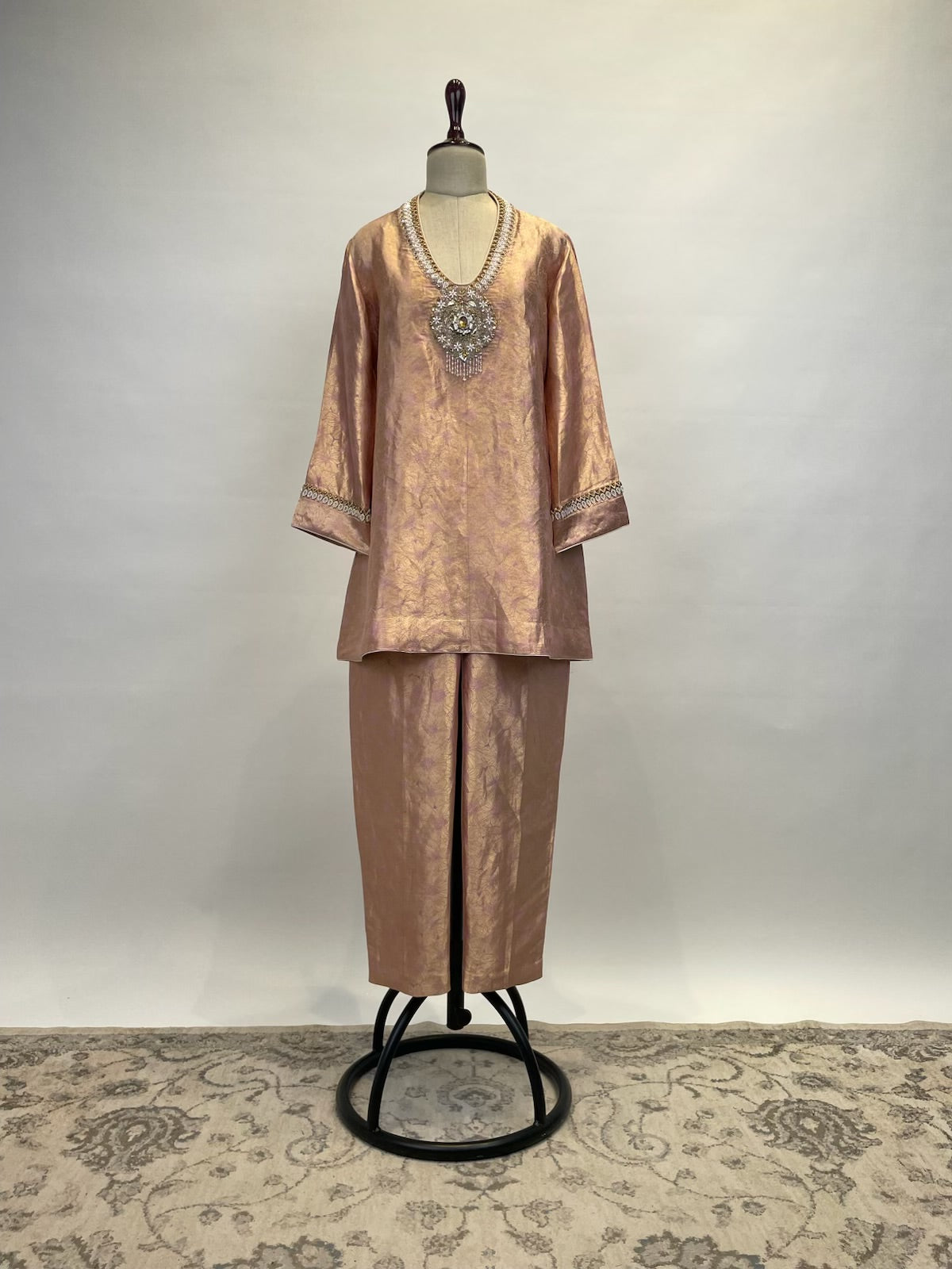 Rose Gold Banarasi Brocade Kurta Set With Handcrafted Crystal Embellishment