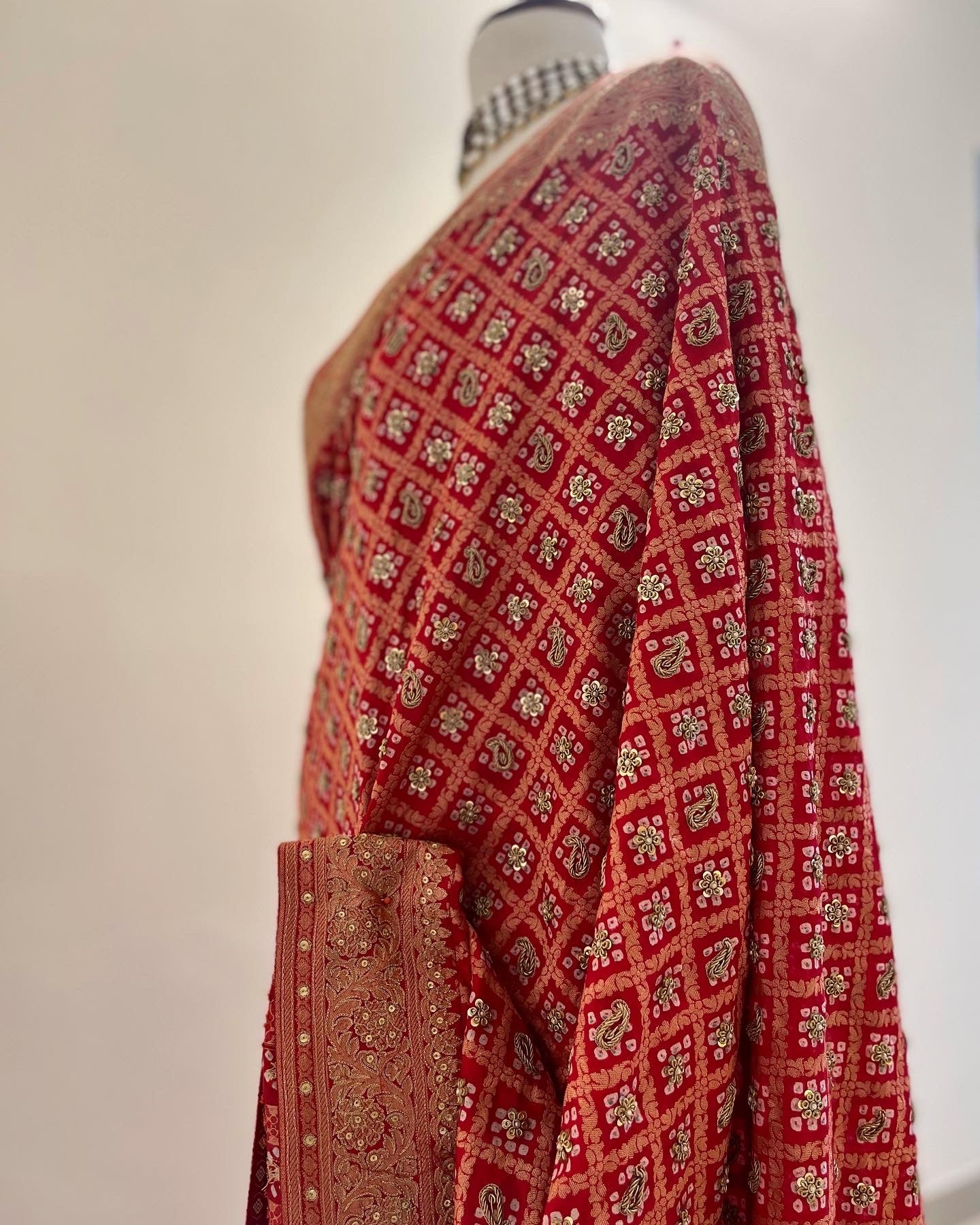 RED PURE ZARI RAI BANDHEJ BANARASI BANDHANI SAREE WITH MARODI & ZARDOSI WORK