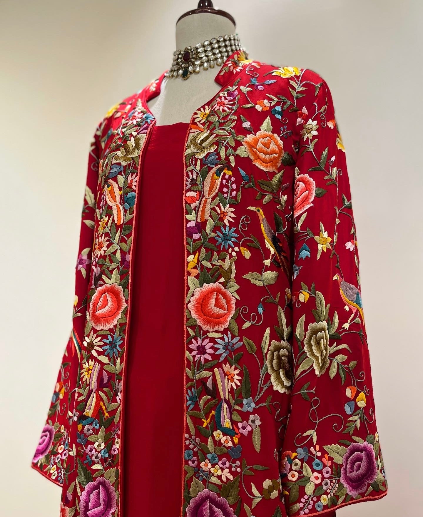 RED PARSI GARA JACKET WITH SHORT KURTA & SHARARA