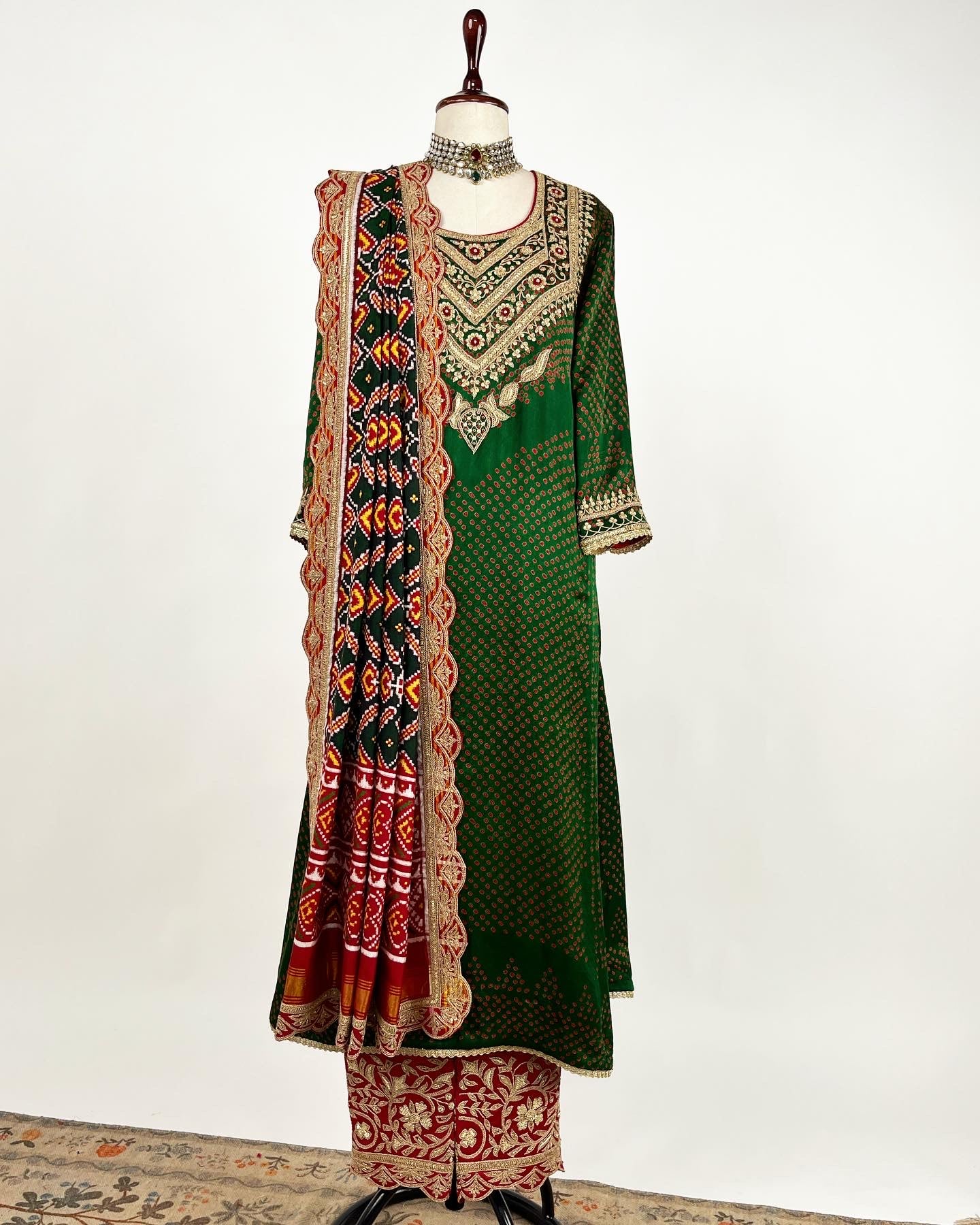 AABHA ENSEMBLE IN MARODI WITH DOUBLE IKAT PATAN PATOLA DUPATTA & EMBROIDERED IJHAR