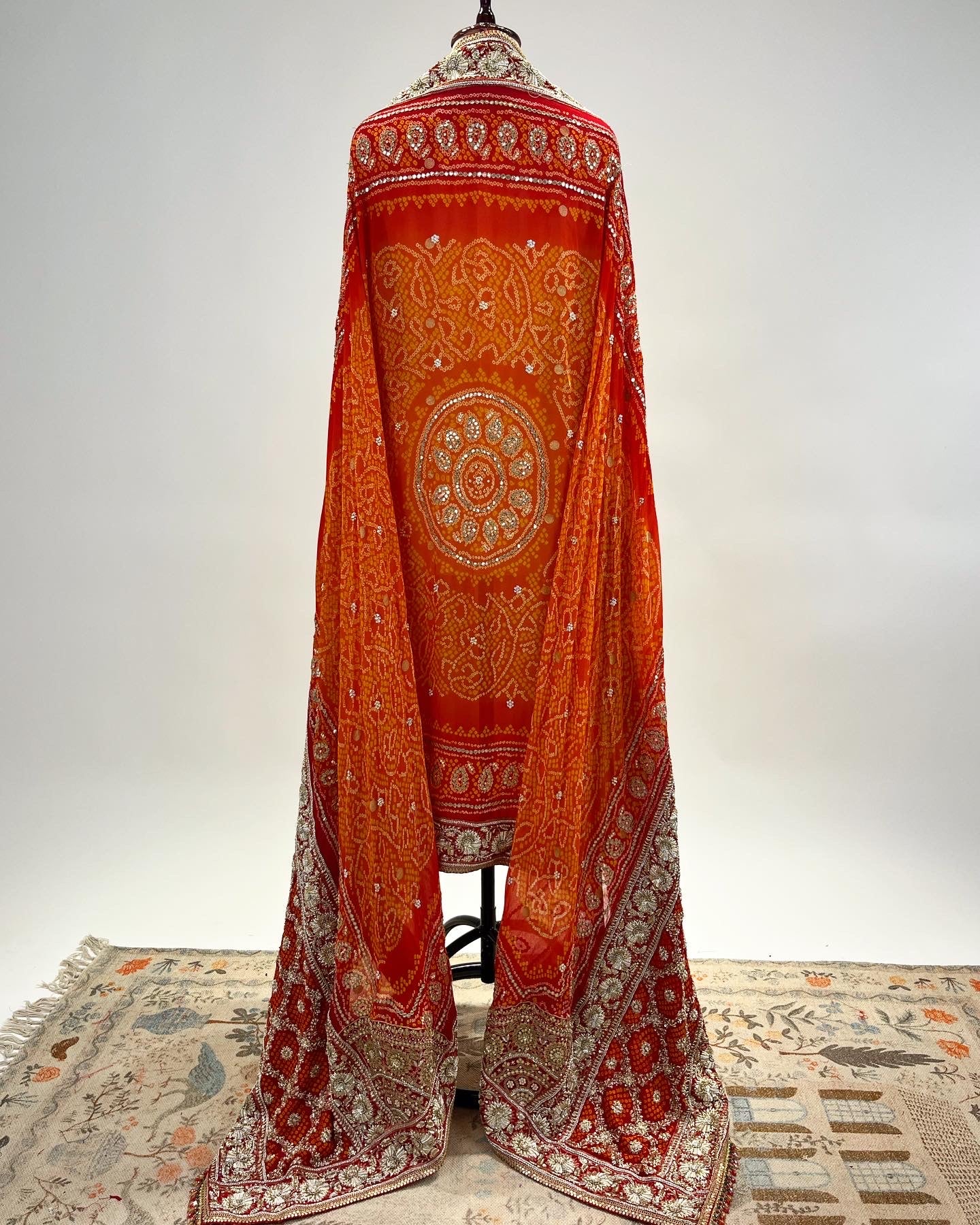 ORANGE & RED RAI BANDHEJ ODHNA WITH ZARDOSI WORK