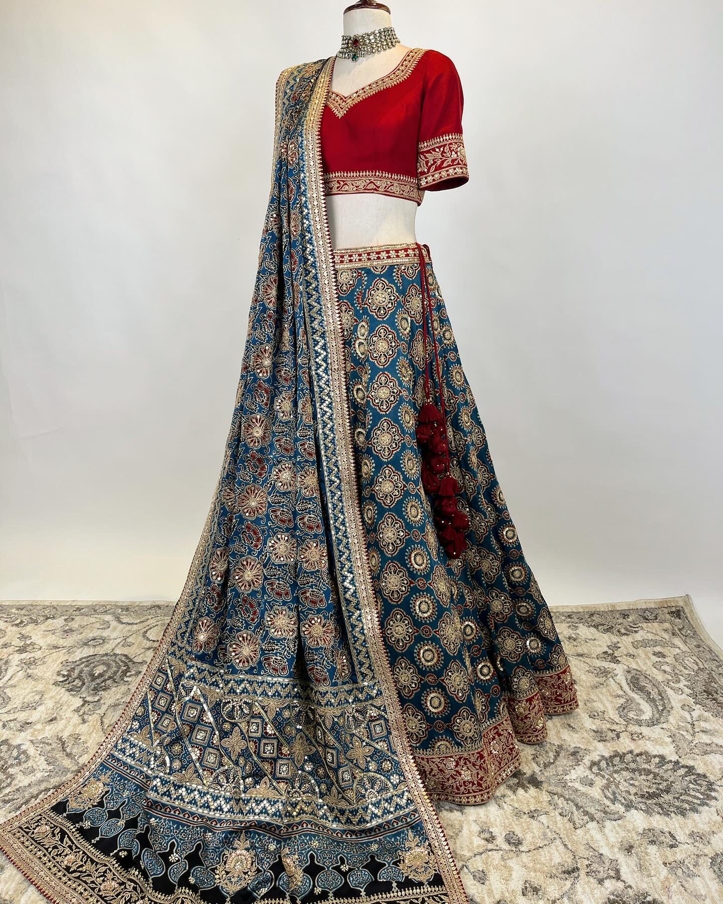 AJRAKH LEHENGA WITH MARODI GOTA & ZARDOSI WORK