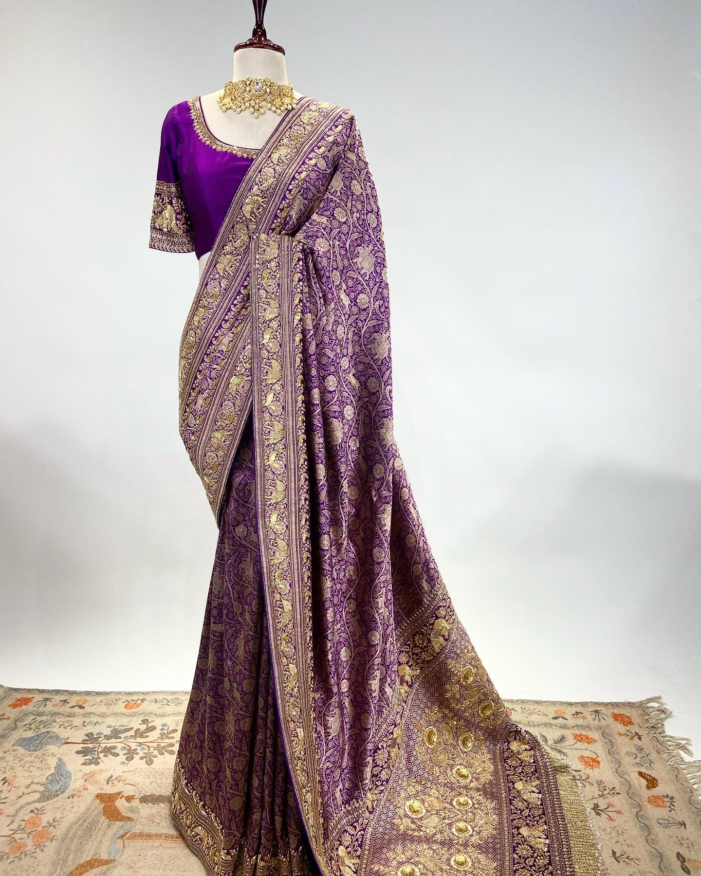 DEEP FRENCH VIOLET EKTAAR BANARASI SHIKARA SAREE IN ANTIQUE GOLD ZARDOSI WORK