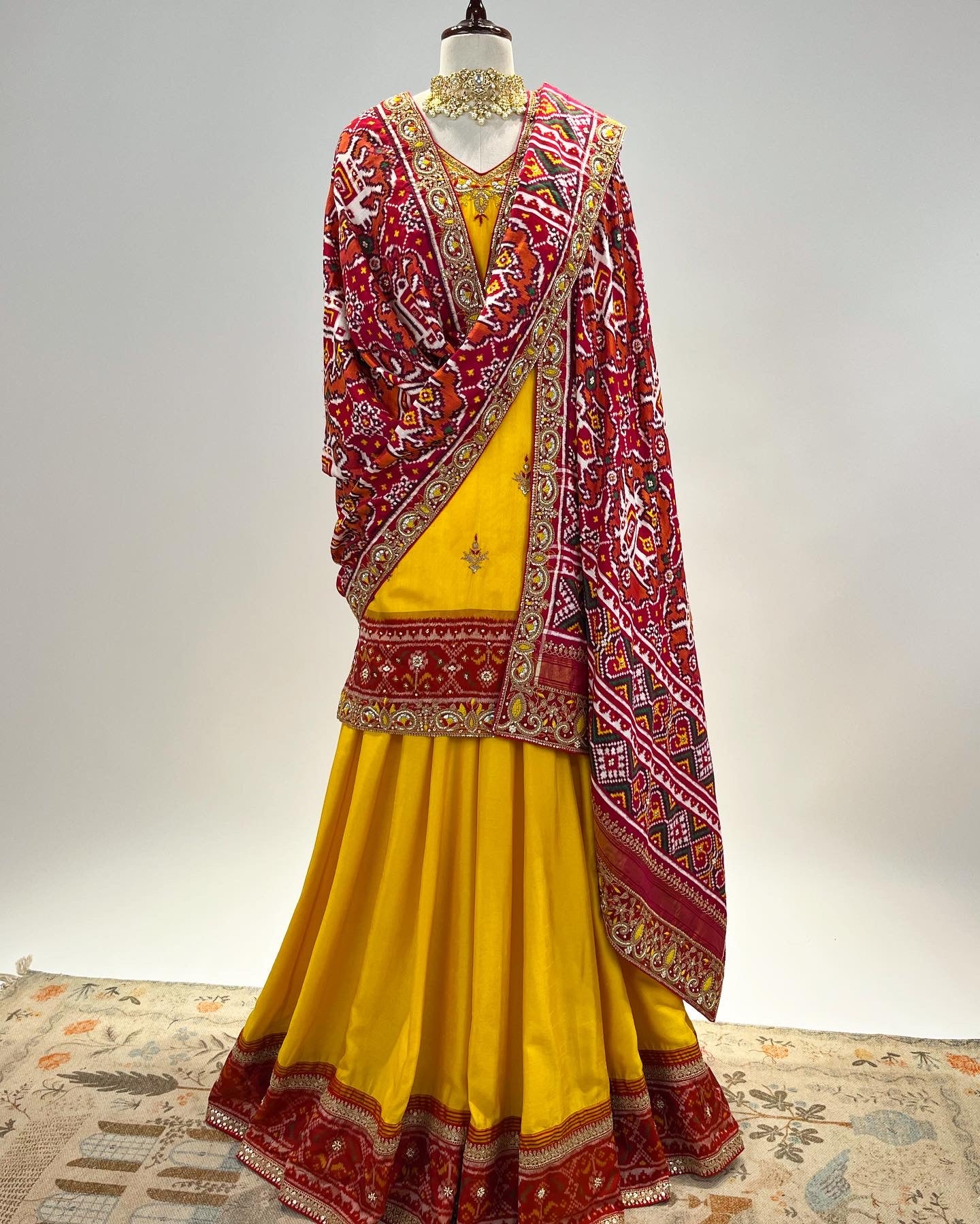 DOUBLE IKAT PATAN PATOLA DUPATTA PAIRED WITH SINGLE IKAT SHORT KURTA & SHARARA IN RESHAM & ZARDOSI WORK