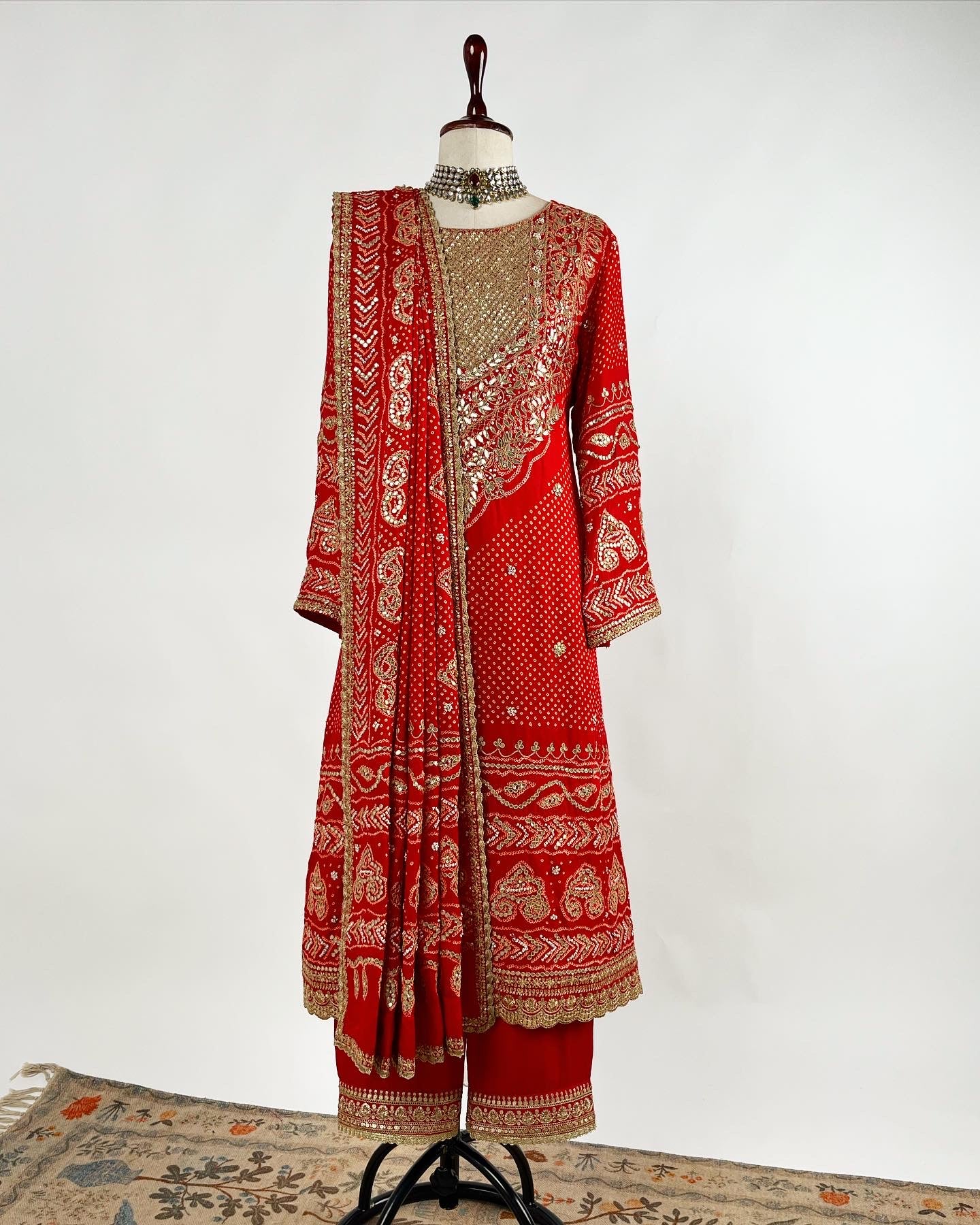 RED RAI BANDHEJ AABHA KURTA ENSEMBLE IN MARODI & GOTAPATTI WORK