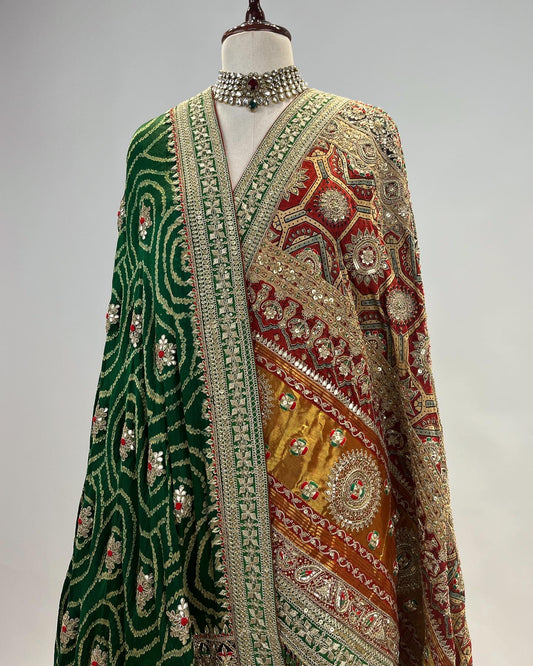 AJRAKH & BANDHANI DUPATTA WITH MARODI, RESHAM & ZARDOSI WORK