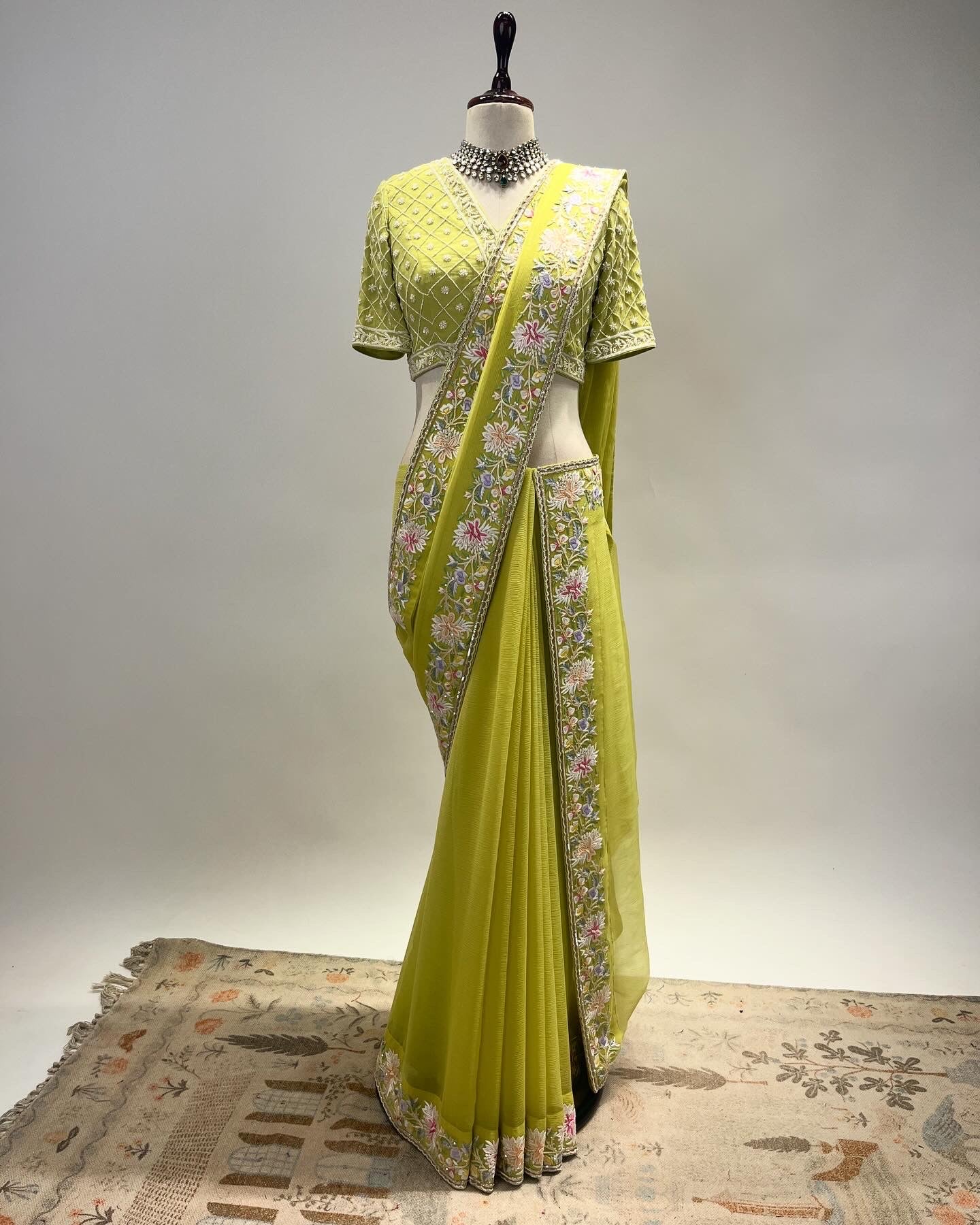 LIME GREEN CHIFFON EKTAAR FINE GARA EMBROIDERED BORDER SAREE