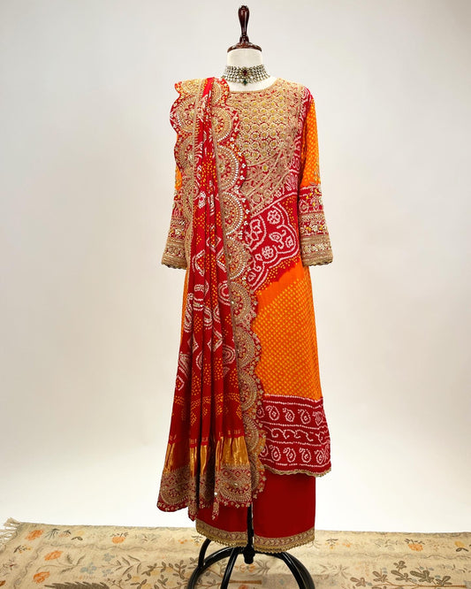 ORANGE & RED AABHA KURTA ENSEMBLE IN MARODI & GOTA WORK