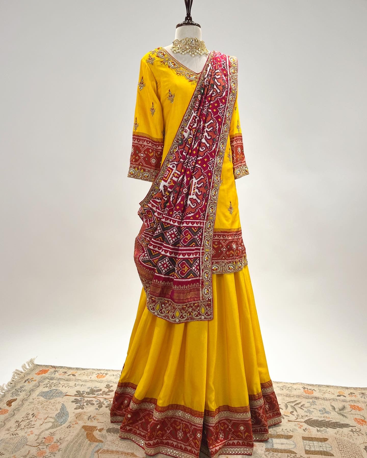 DOUBLE IKAT PATAN PATOLA DUPATTA PAIRED WITH SINGLE IKAT SHORT KURTA & SHARARA IN RESHAM & ZARDOSI WORK