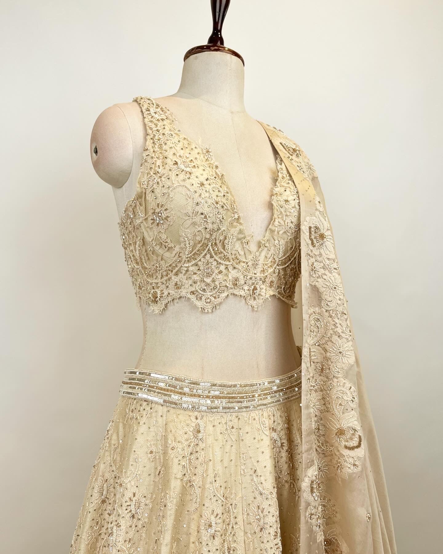 FRENCH CHANTILLY LEHENGA WITH BEADS & STONE DETAIL WORK