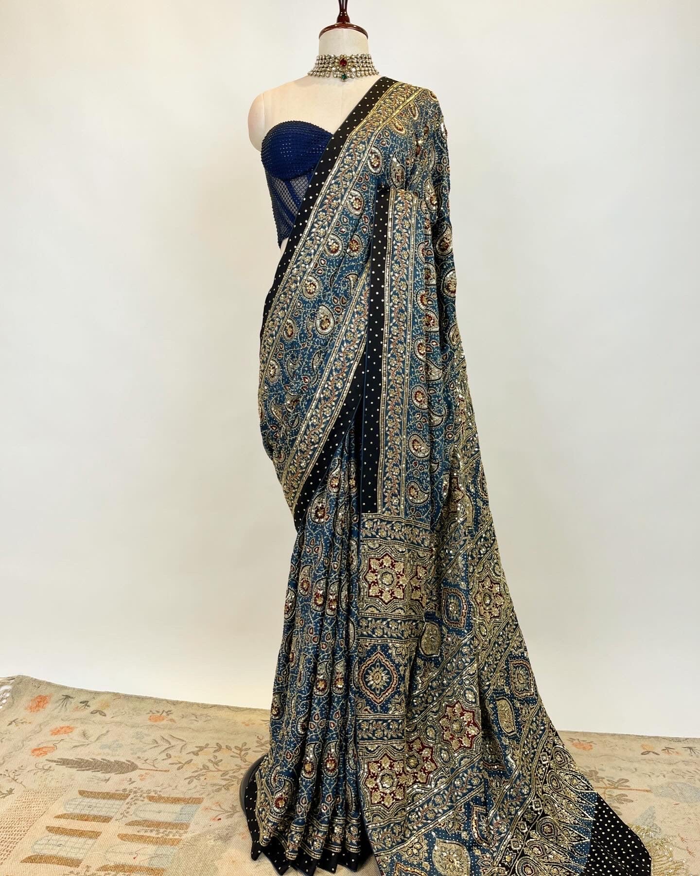 AJRAKH SAREE IN NATURAL INDIGO WITH ZARDOSI CRYSTAL BEADS & ZARI WORK