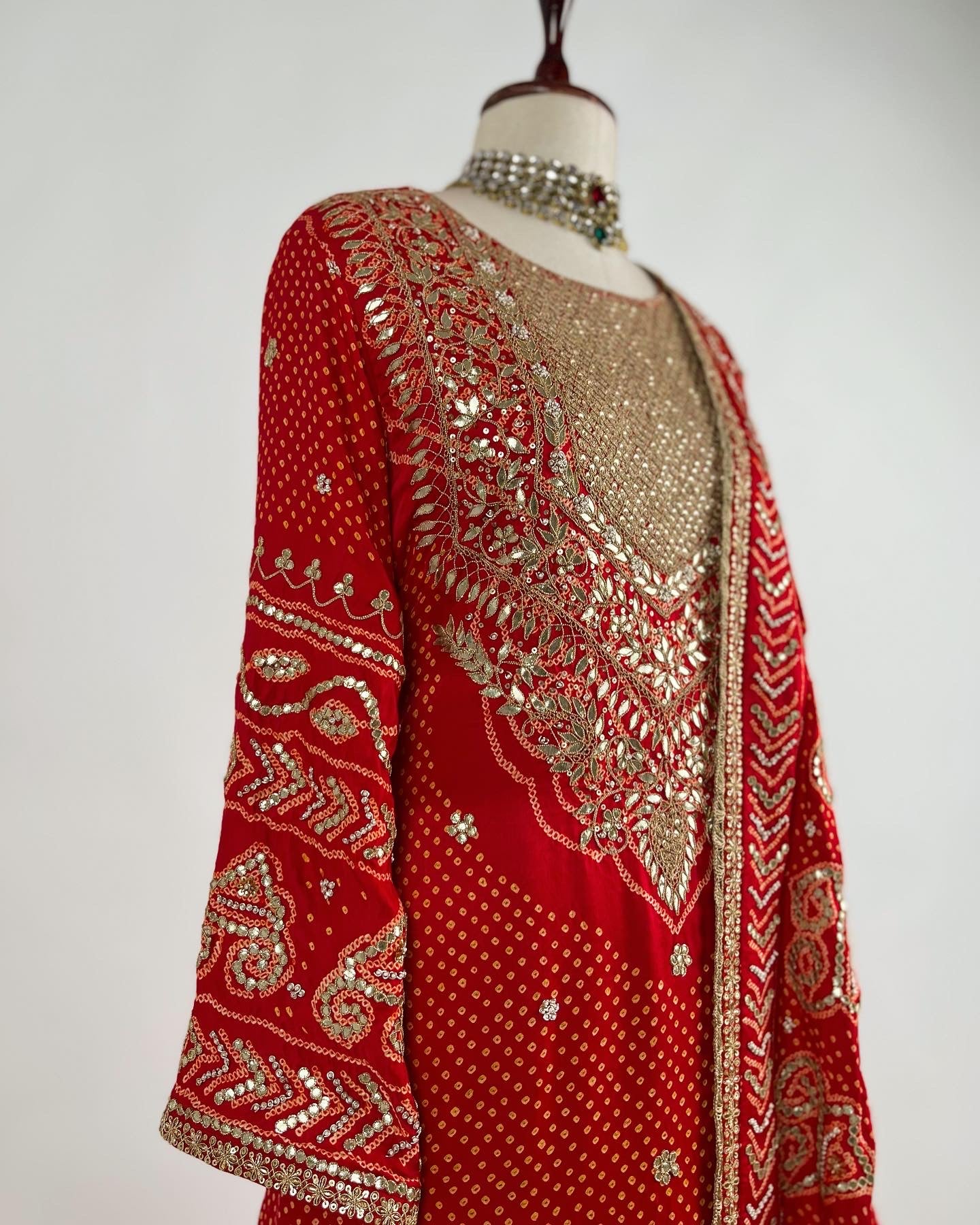 RED RAI BANDHEJ AABHA KURTA ENSEMBLE IN MARODI & GOTAPATTI WORK