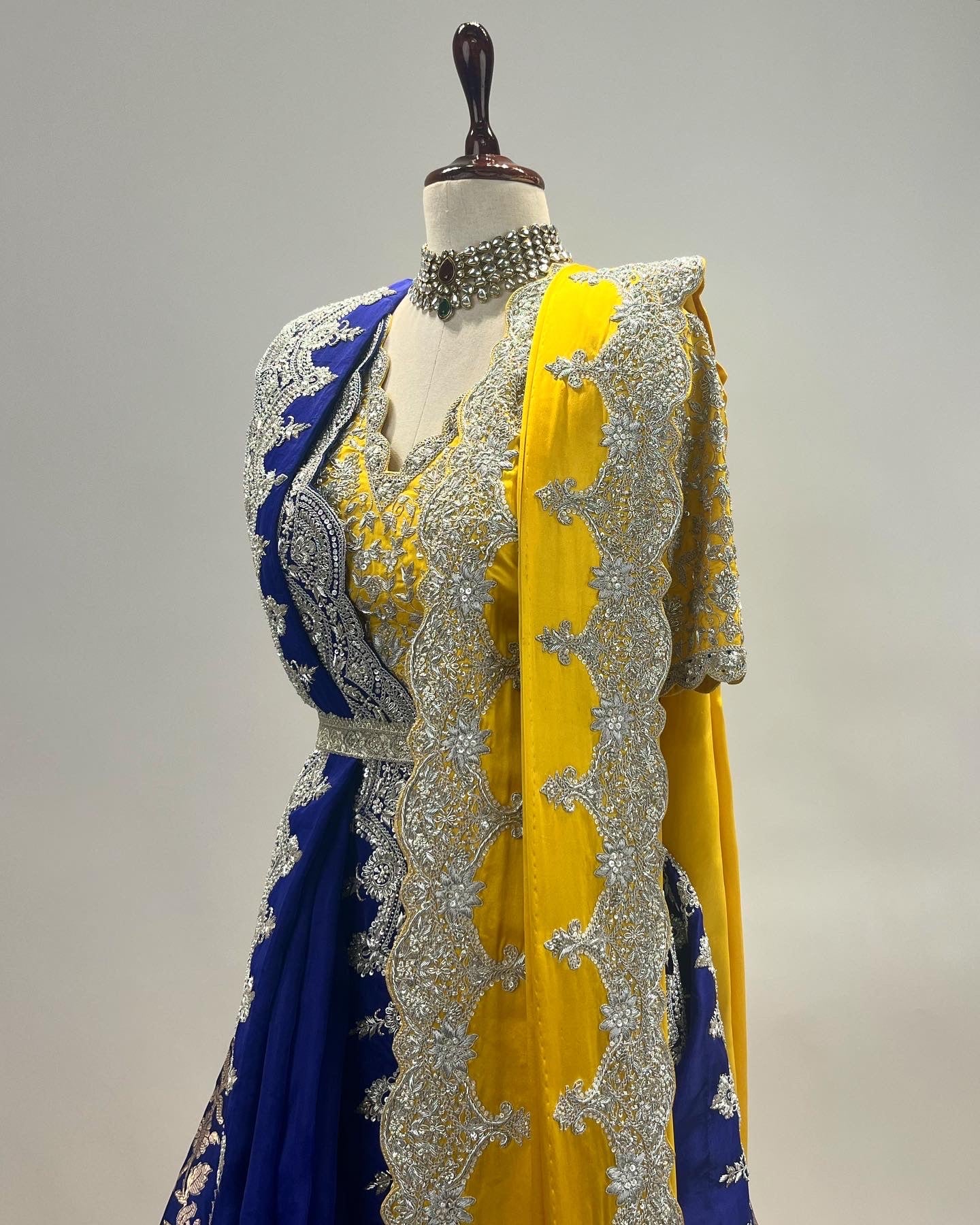 OCHRE & ROYAL BLUE HANDWOVEN BANARASI LEHENGA IN PURE HANDLOOM KADWA WORK