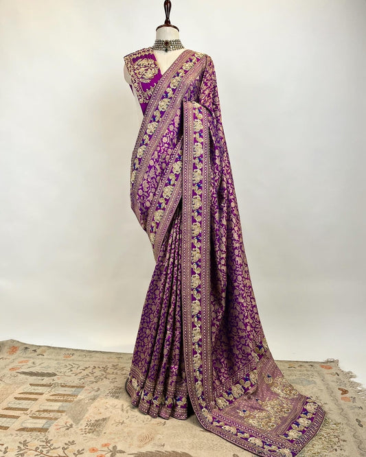 PURE BANARASI KADWA WEAVE SHIKARGAH SAREE IN ZARDOSI AND ZARI WORK