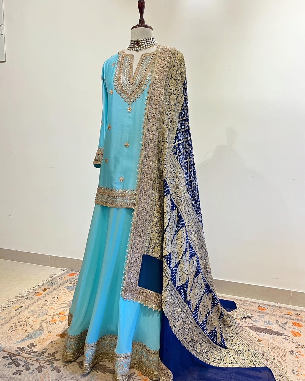 LIGHT BLUE SHORT KURTA LEHENGA SET WITH BANDHEJ DUPATTA