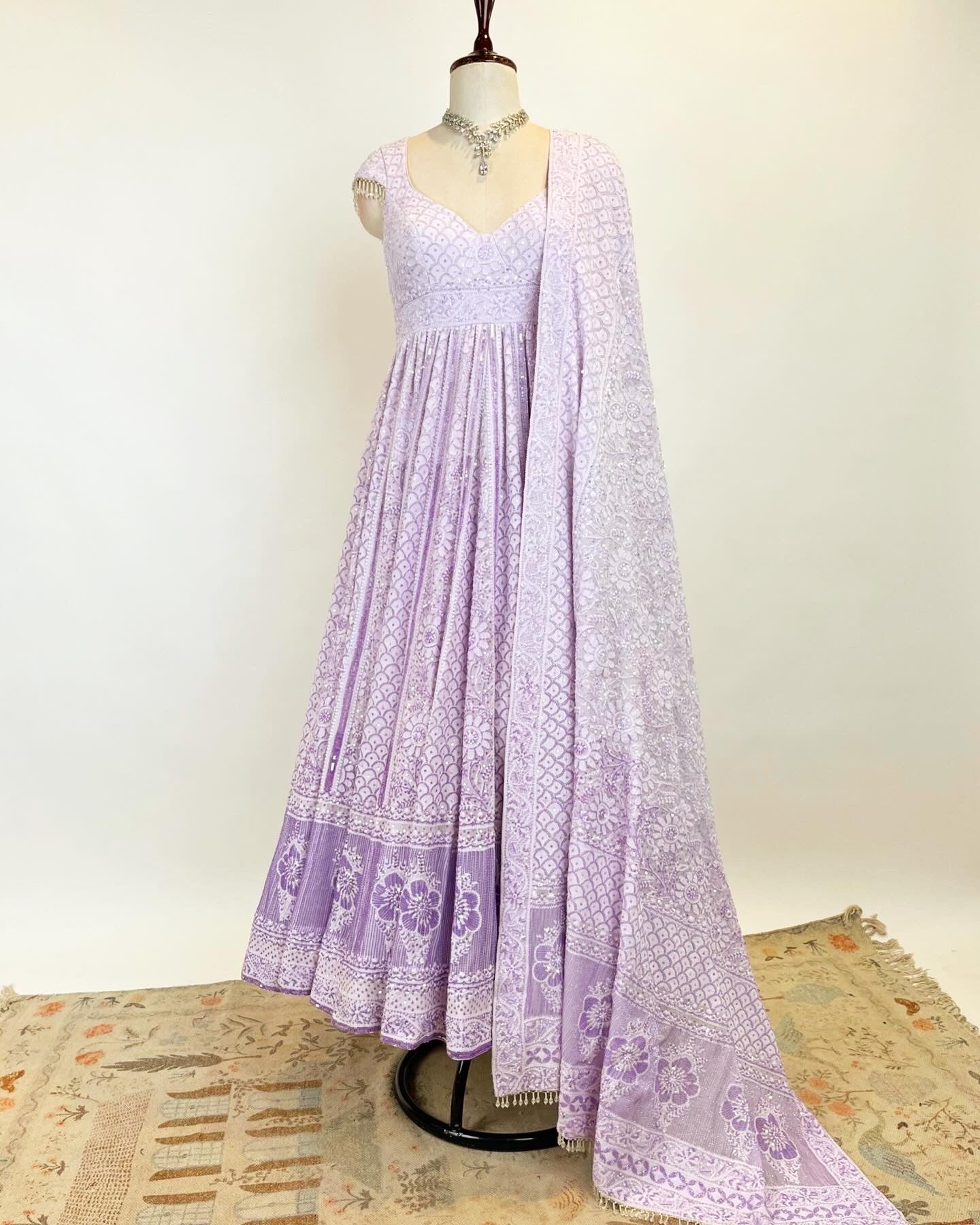 LAVENDER OMBRE ANARKALI IN DO TAAR CHIKANKARI WITH STONES SEQUIN & GLASS PIPES