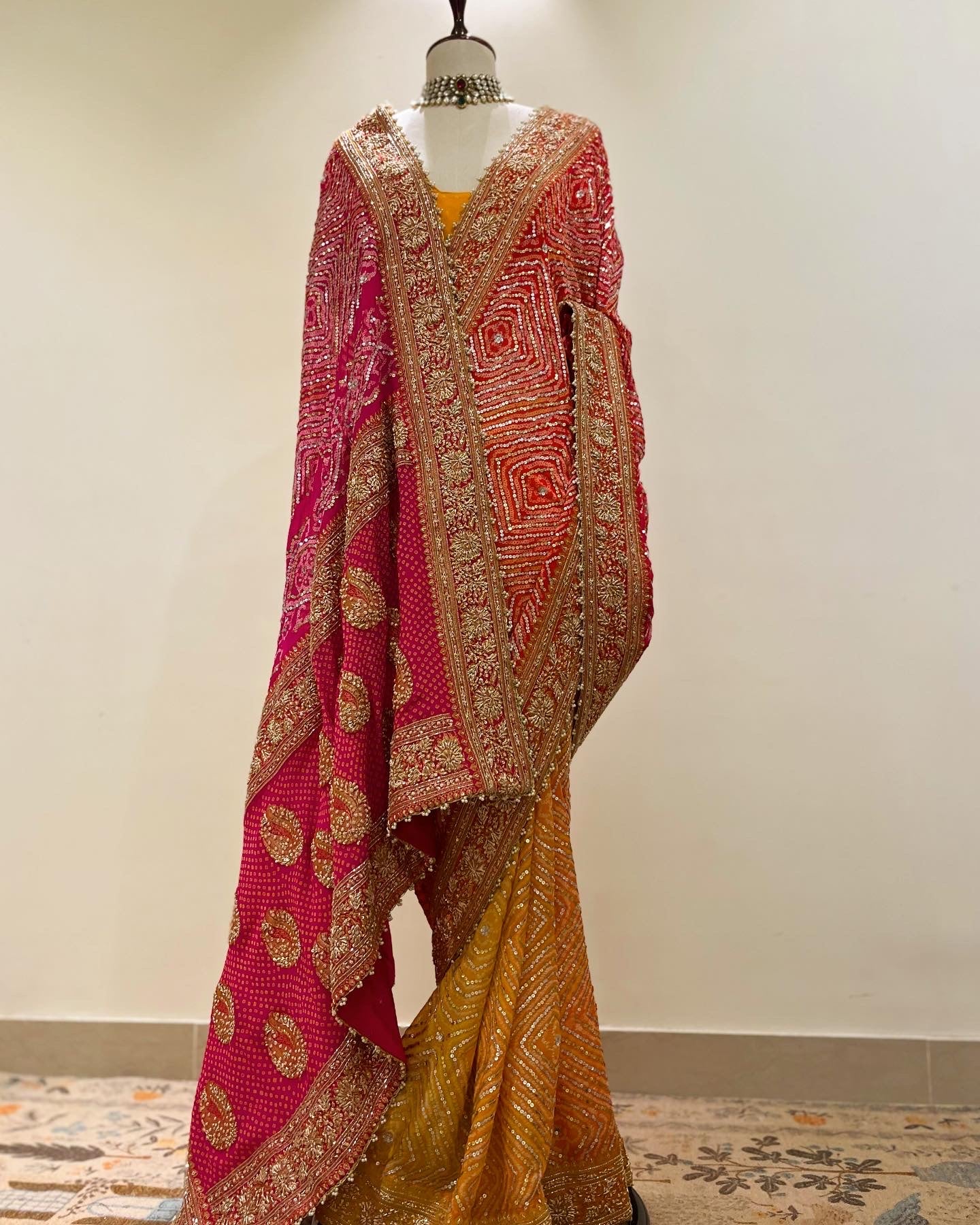 YELLOW TO PINK OMBRE SEQUINNED BANDHEJ SAREE