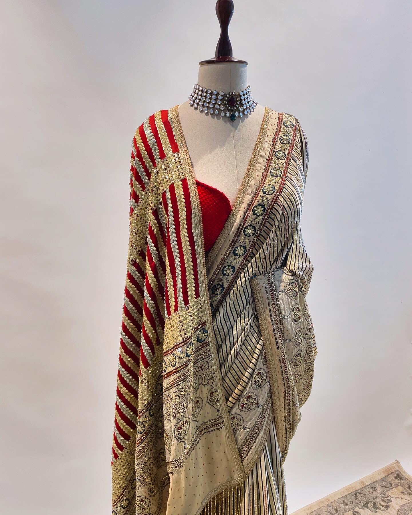 Striped Hand Blocked Ajrakh with Zardosi Saree with a Rhinestone Studded Blouse 