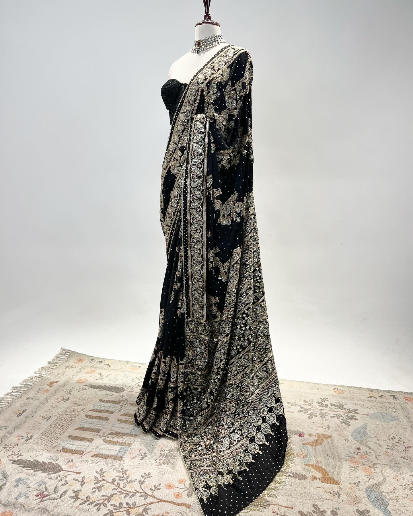 PATTERNED AJRAKH SAREE IN ZARDOSI & SEQUIN WORK