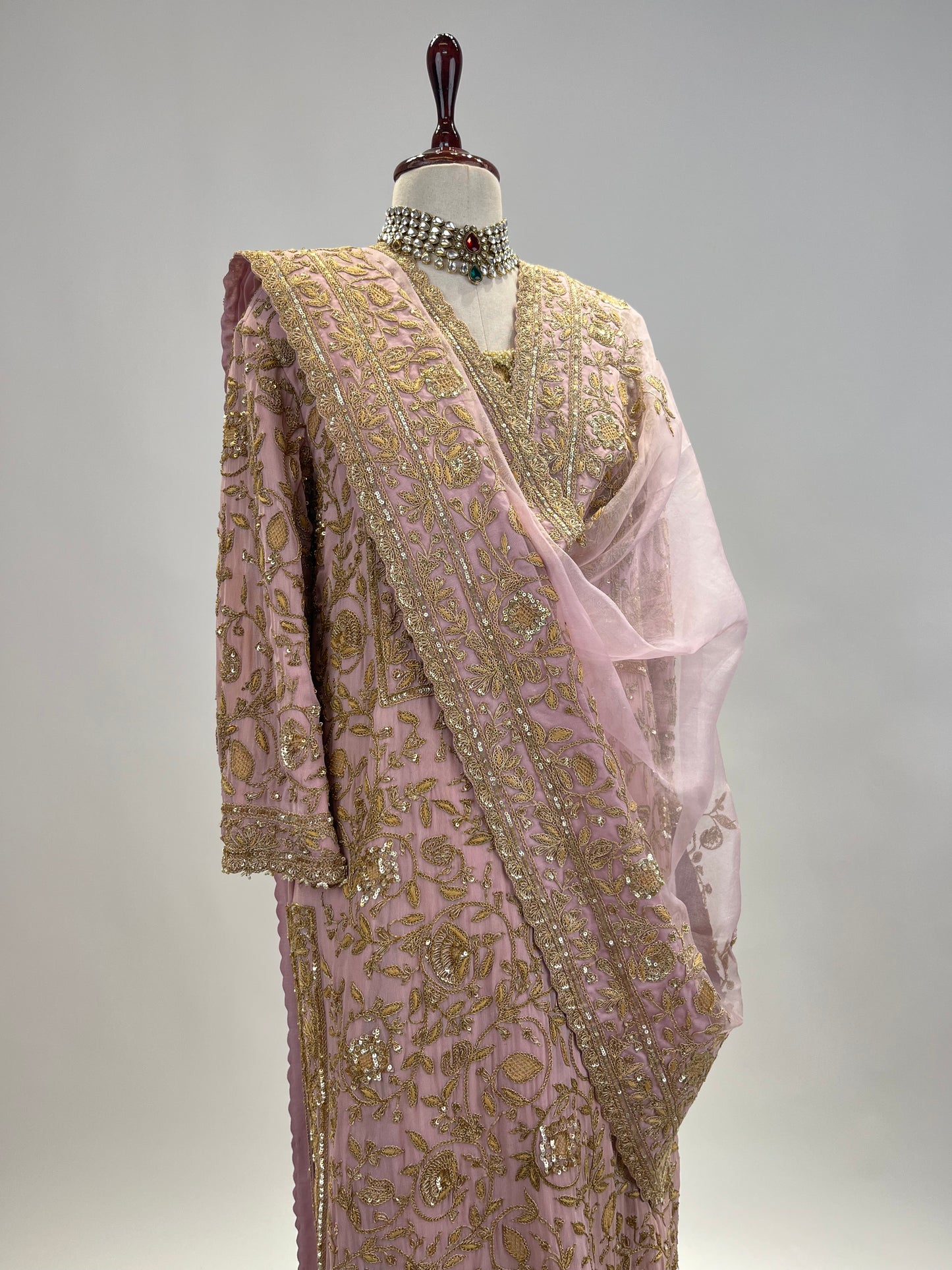 Antique Marodi detailed Chiffon Kurta Set with Organza embroidered dupatta