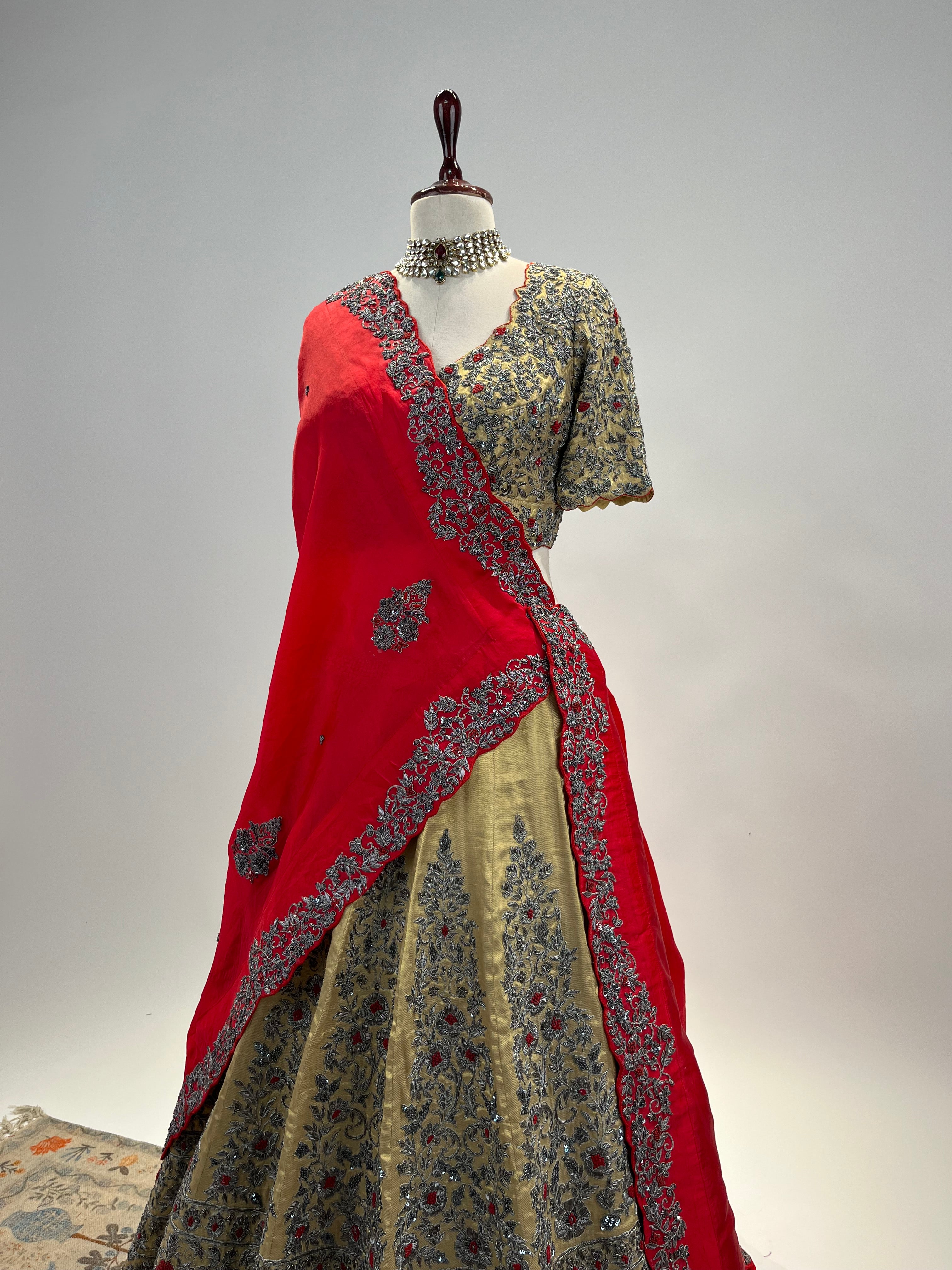 Handloom Tissue Silk Lehenga with Antique Zardosi and Red Resham Work