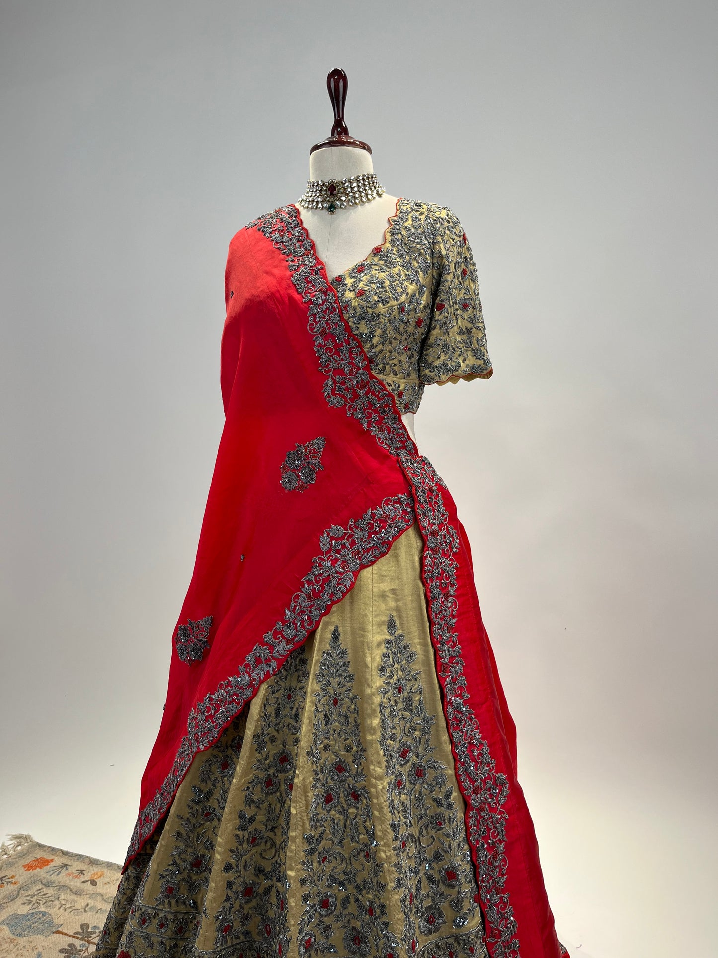 Handloom Tissue Silk Lehenga with Antique Zardosi and Red Resham Work