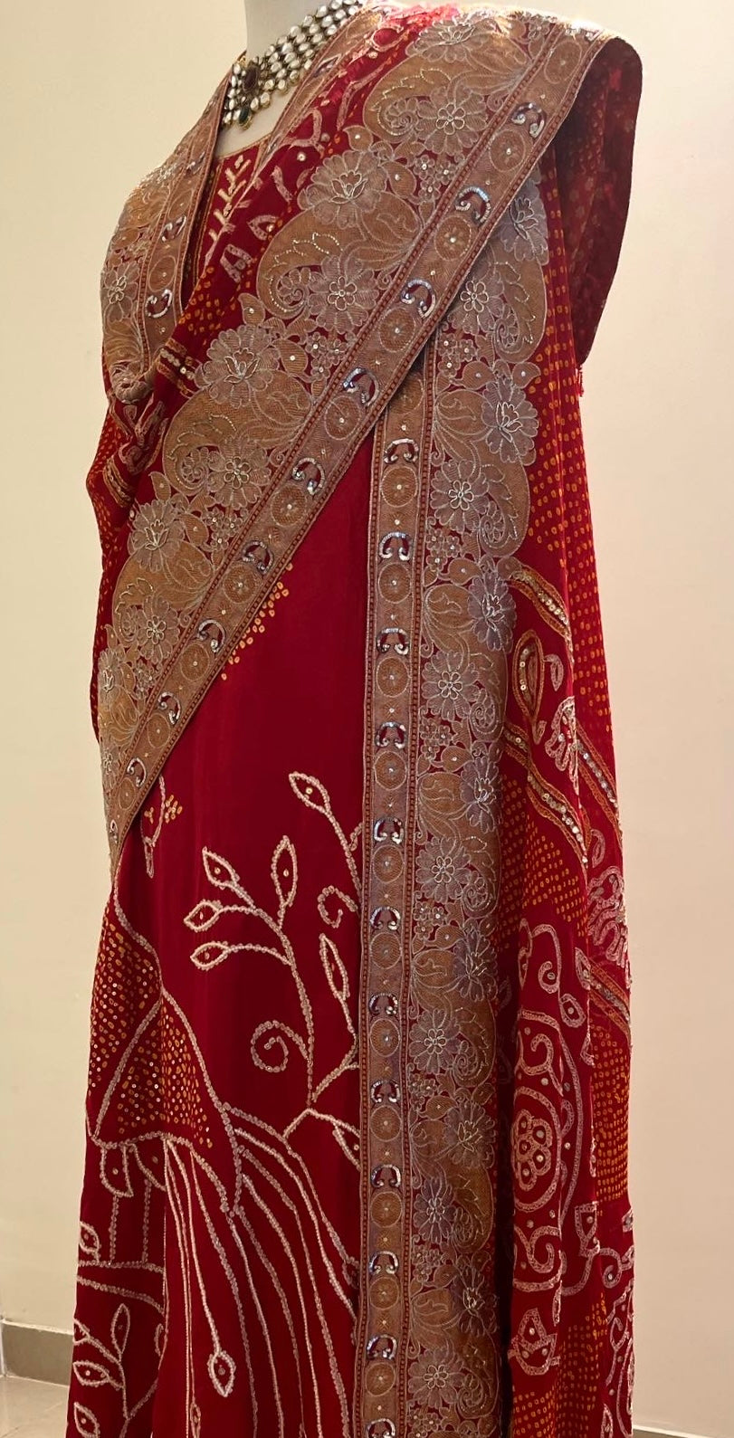 RED PICHWAI AABHA WITH EMBROIDERED RAI BANDHEJ DUPATTA