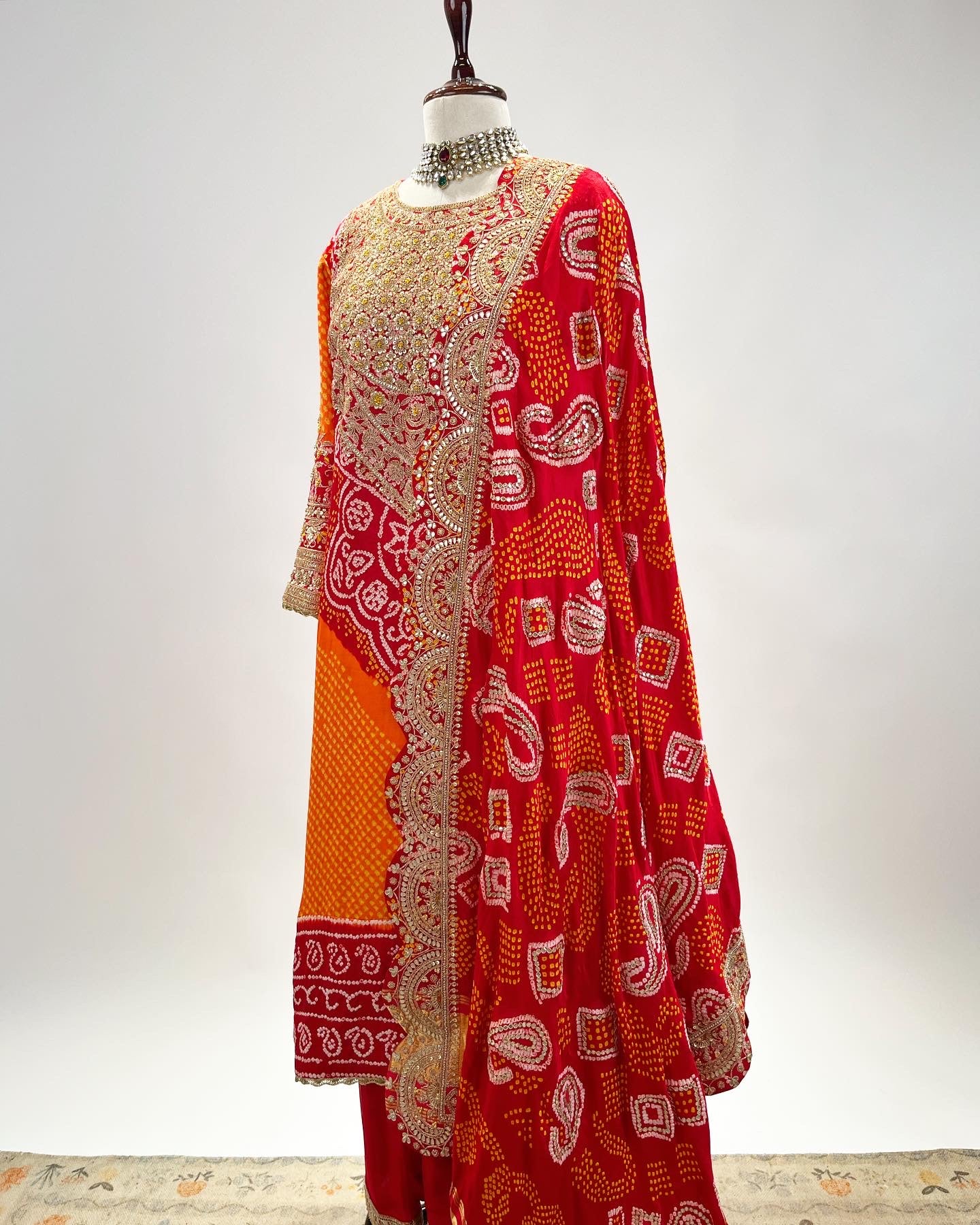 ORANGE & RED AABHA KURTA ENSEMBLE IN MARODI & GOTA WORK