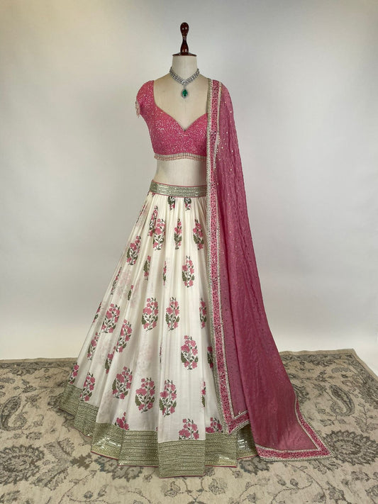 BLOCK PRINTED CHANDERI SILK LEHENGA WITH PINK SEQUIN BLOUSE AND DUPATTA