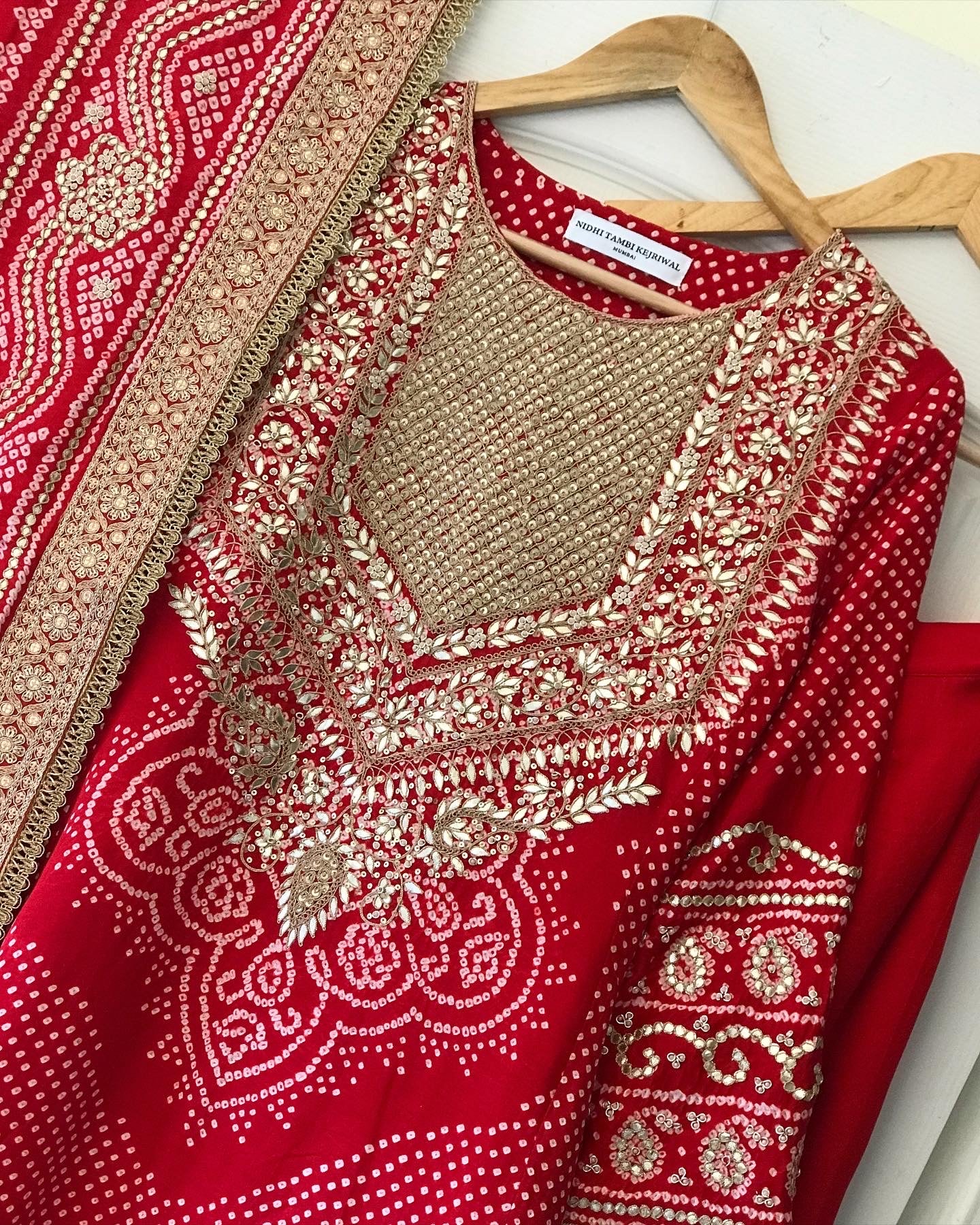 RED BANDHEJ KURTA SET