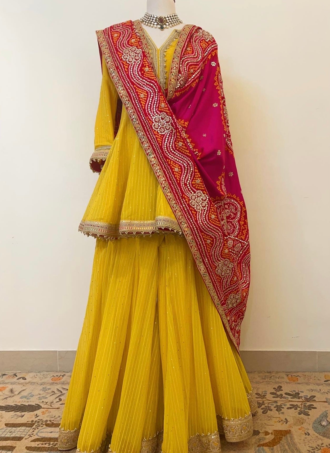 YELLOW KALIDAAR PEPLUM KURTA & SHARARA WITH BANDHANI GOTAPATTI DUPATTA