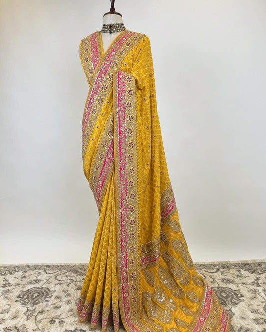 ZARI KADWA WEAVE RAI BANDHEJ SAREE IN MARODI FRENCH KNOT & GOTA WORK