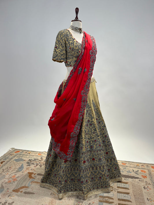 Handloom Tissue Silk Lehenga with Antique Zardosi and Red Resham Work