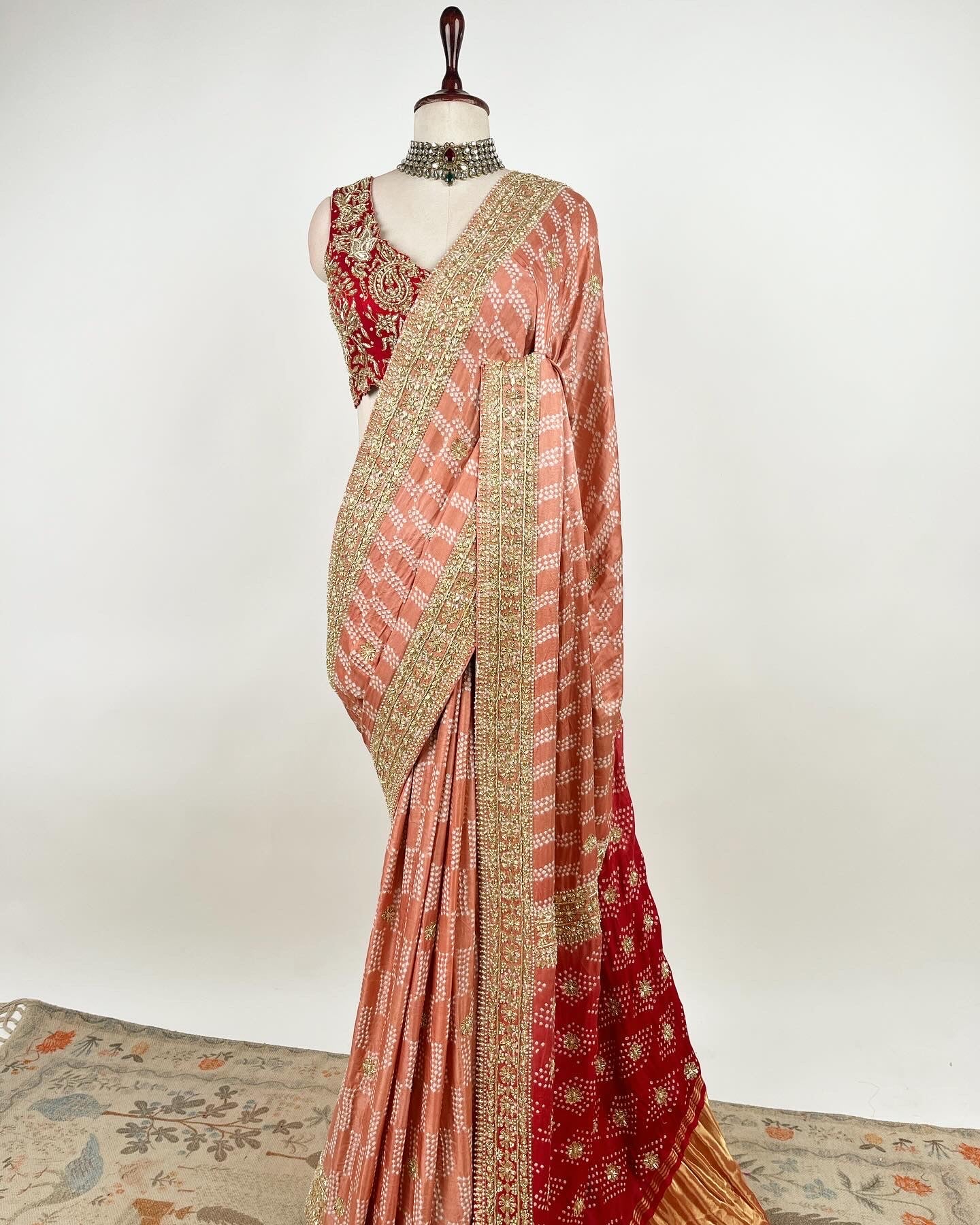 BANDHEJ CORAL TO RED OMBRE SAREE WITH ZARDOSI WORK BORDER & BLOUSE