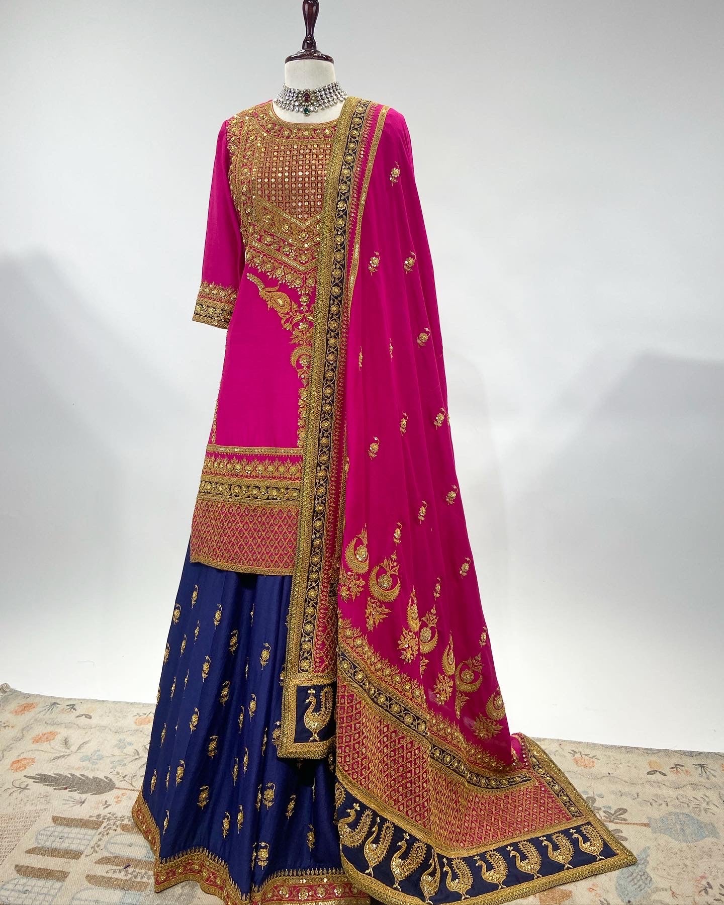 FINE ANTIQUE MARODI SHARARA ENSEMBLE WITH MOTIF & BUTA WORK DETAIL