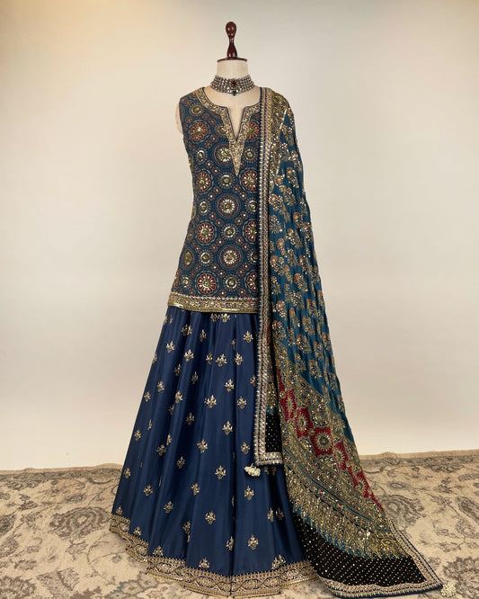 BLUE AJRAKH SHARARA ENSEMBLE IN ZARDOSI, SEQUIN & ZARI WORK