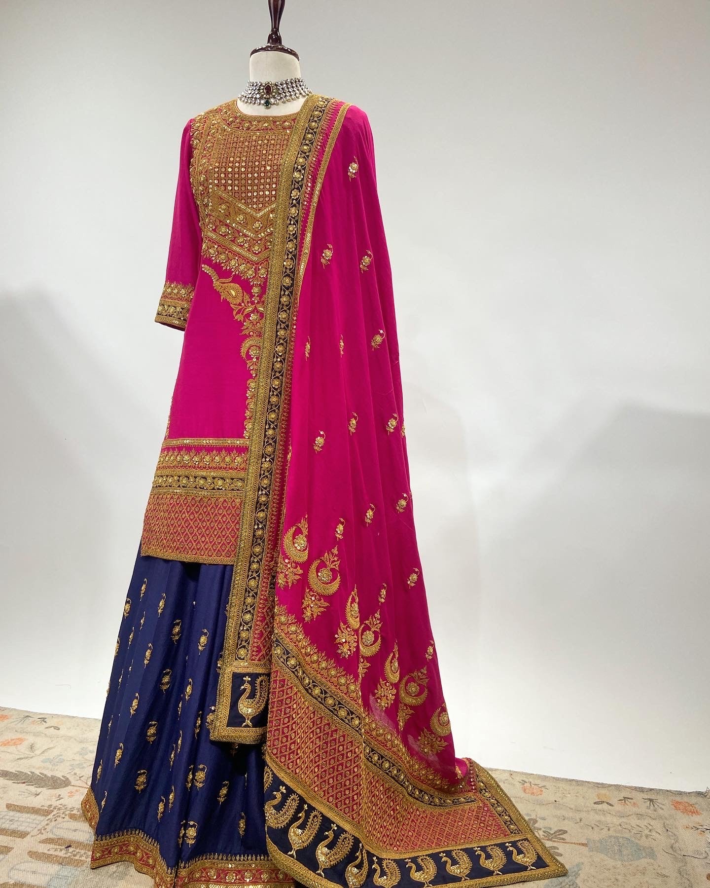 FINE ANTIQUE MARODI SHARARA ENSEMBLE WITH MOTIF & BUTA WORK DETAIL