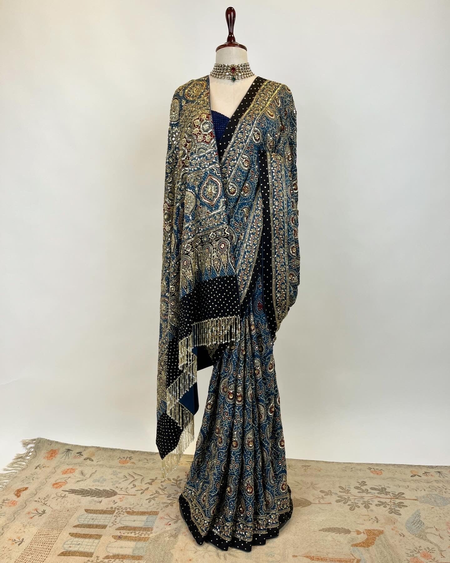 AJRAKH SAREE IN NATURAL INDIGO WITH ZARDOSI CRYSTAL BEADS & ZARI WORK