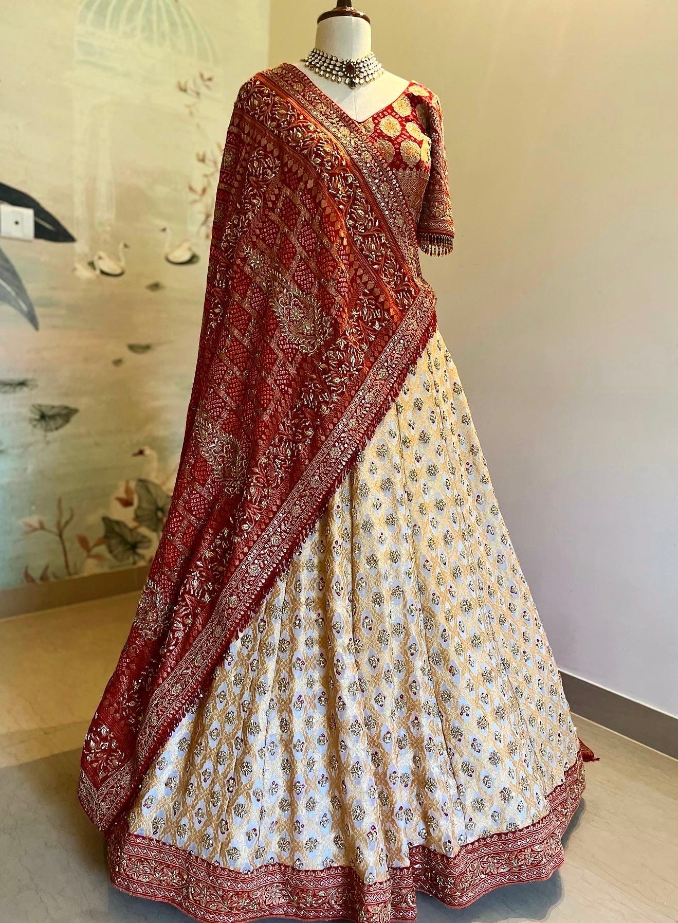 IVORY & RED ZARDOSI PANETAR LEHENGA