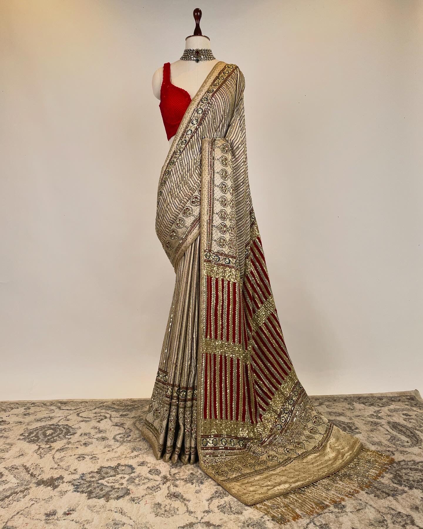 Striped Hand Blocked Ajrakh with Zardosi Saree with a Rhinestone Studded Blouse 