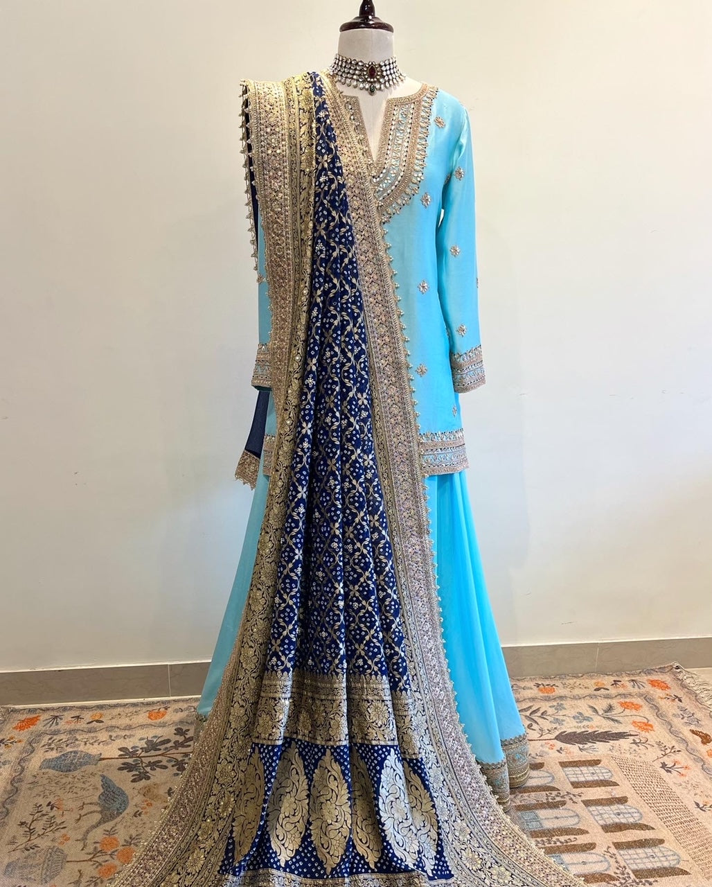 LIGHT BLUE SHORT KURTA LEHENGA SET WITH BANDHEJ DUPATTA