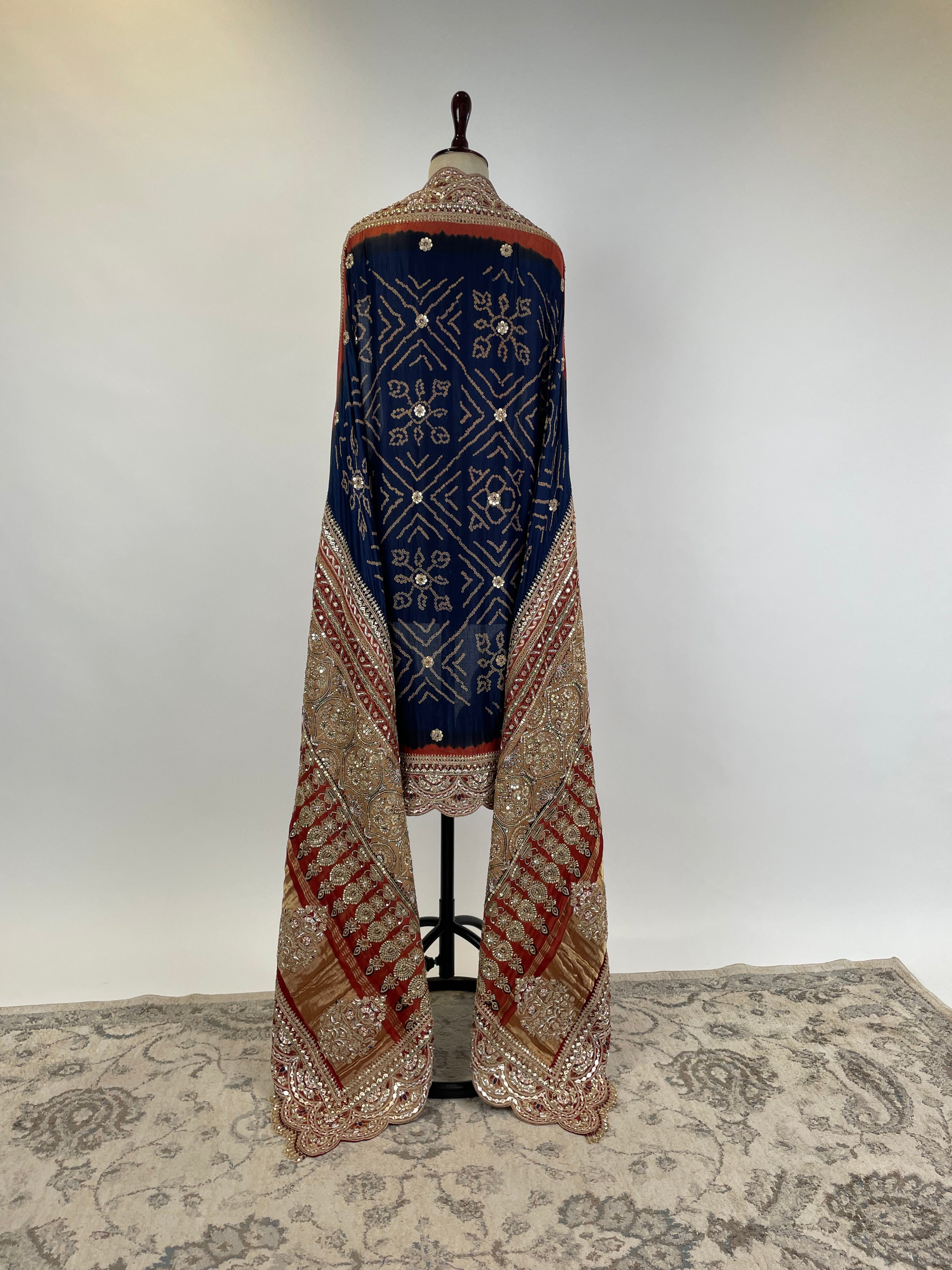 Indigo Ajrakh Bandhani Marodi Embroidered Dupatta
