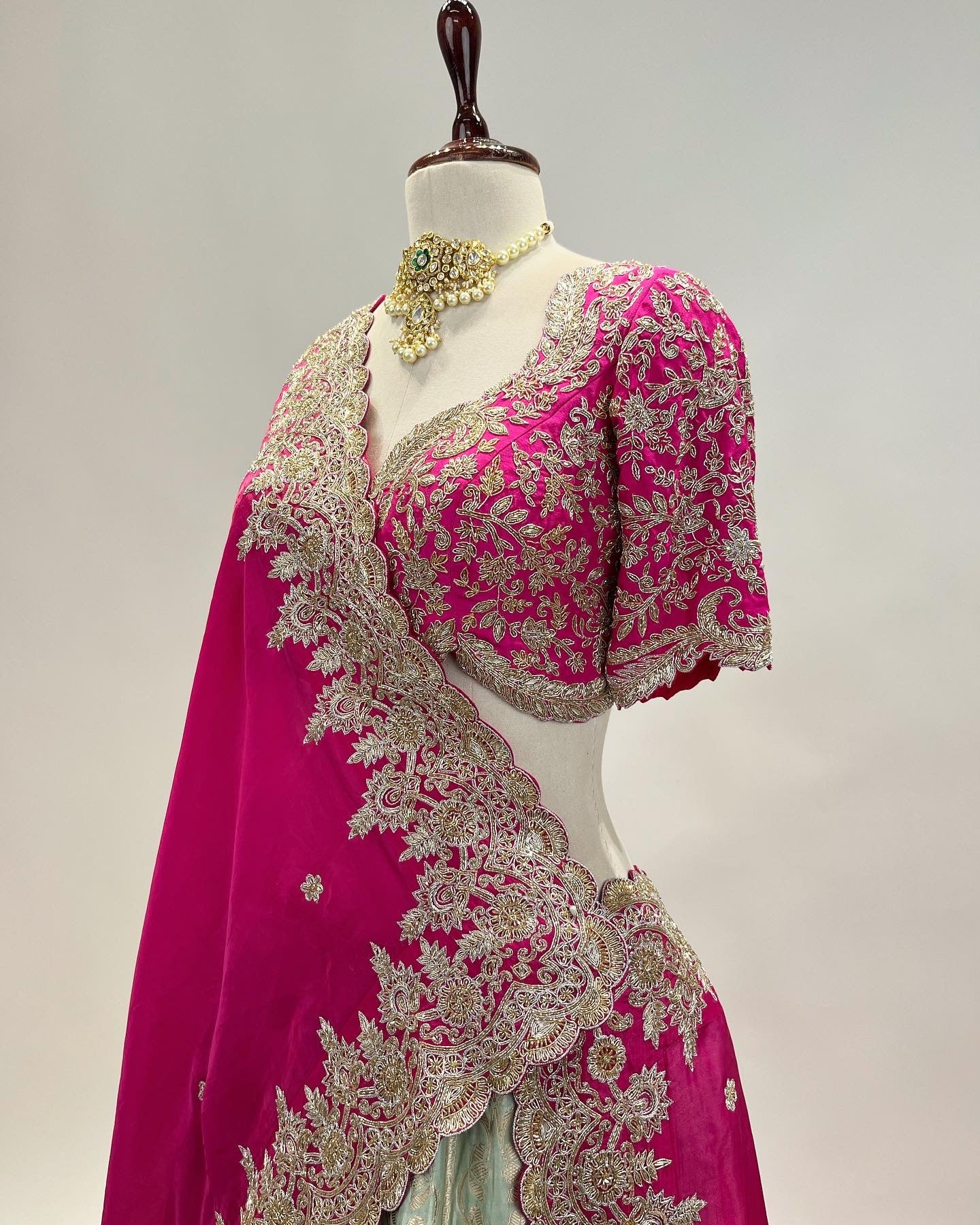 PASTEL TIFFANY BLUE BANARASI KADWA MEENA LEHENGA WITH MAGENTA DUPATTA & ZARDOSI WORK