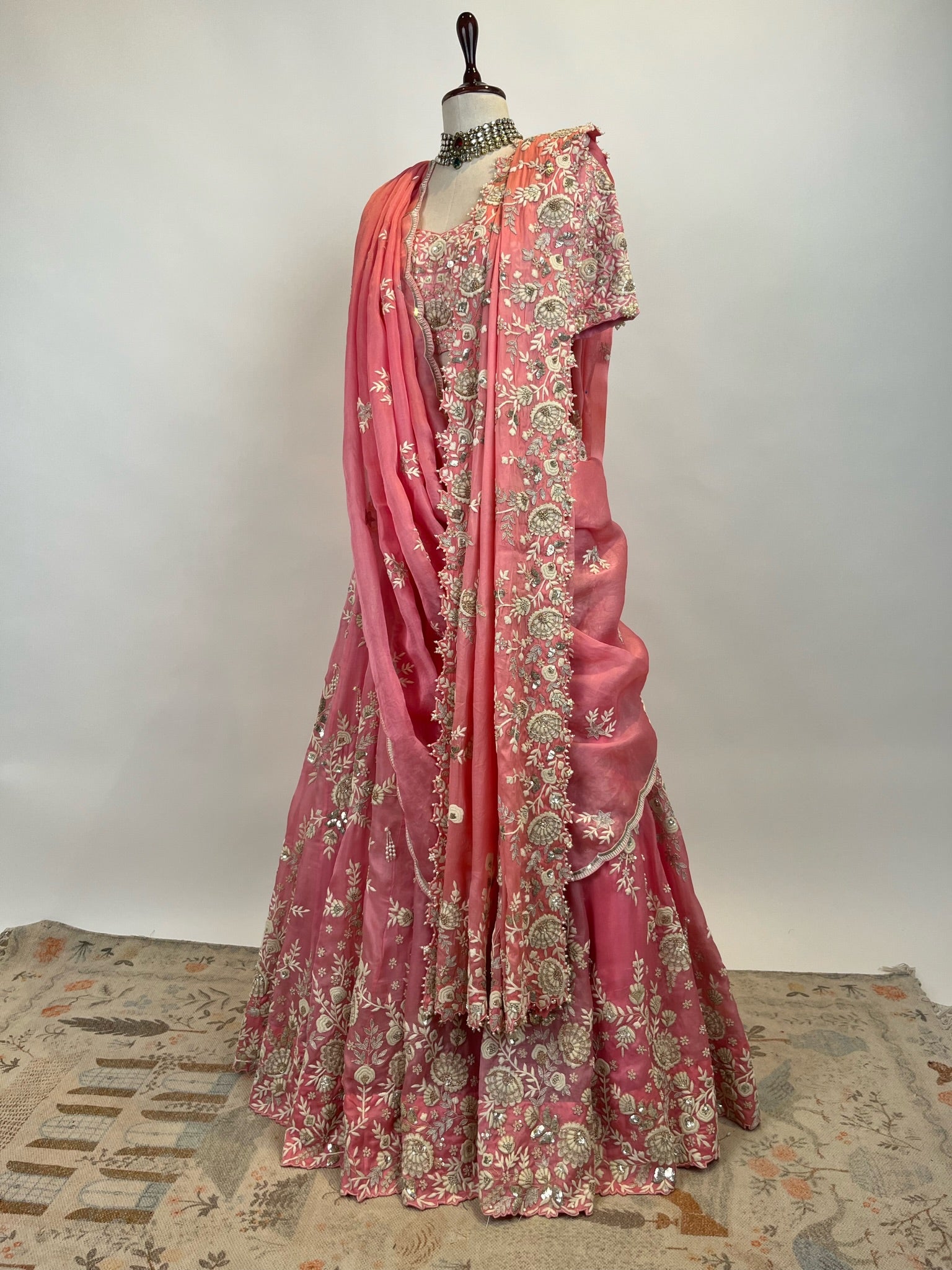 PINK LEHENGA WITH WHITE RESHAM WORK AND 2 DUPATTAS