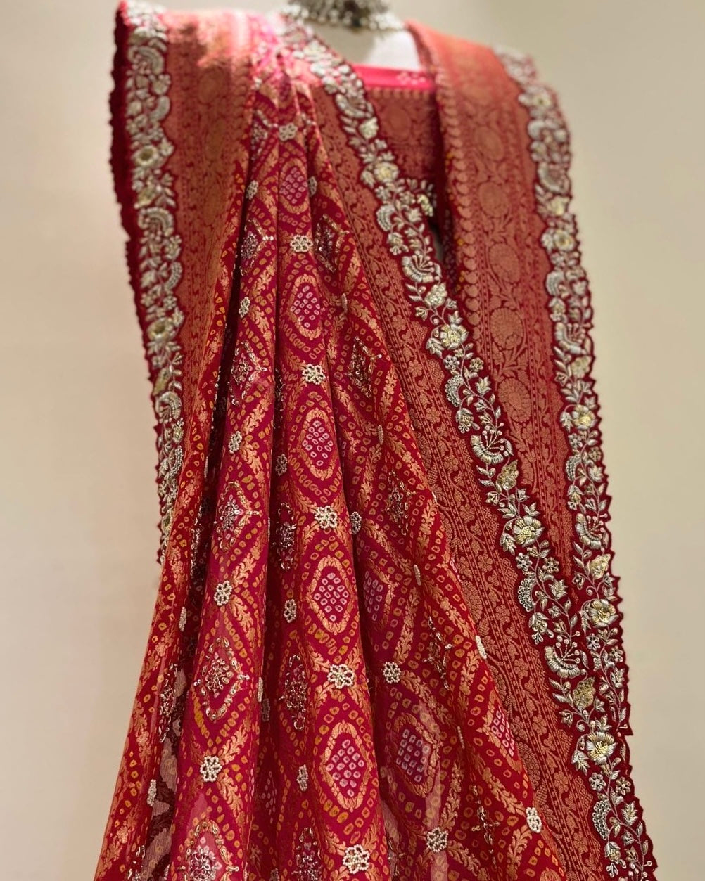 RED ZARDOSI CUTWORK EDGED RAI BANDHEJ SAREE