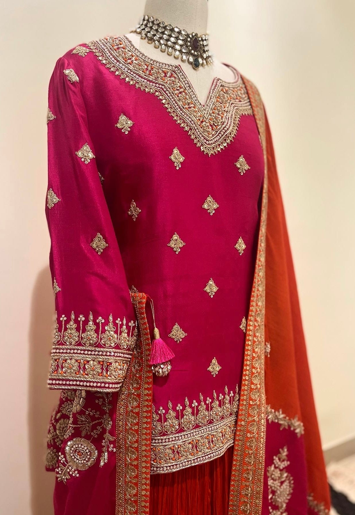 ROYAL PINK & ORANGE MARODI SHORT KURTA WITH CRUSHED SILK SHARARA