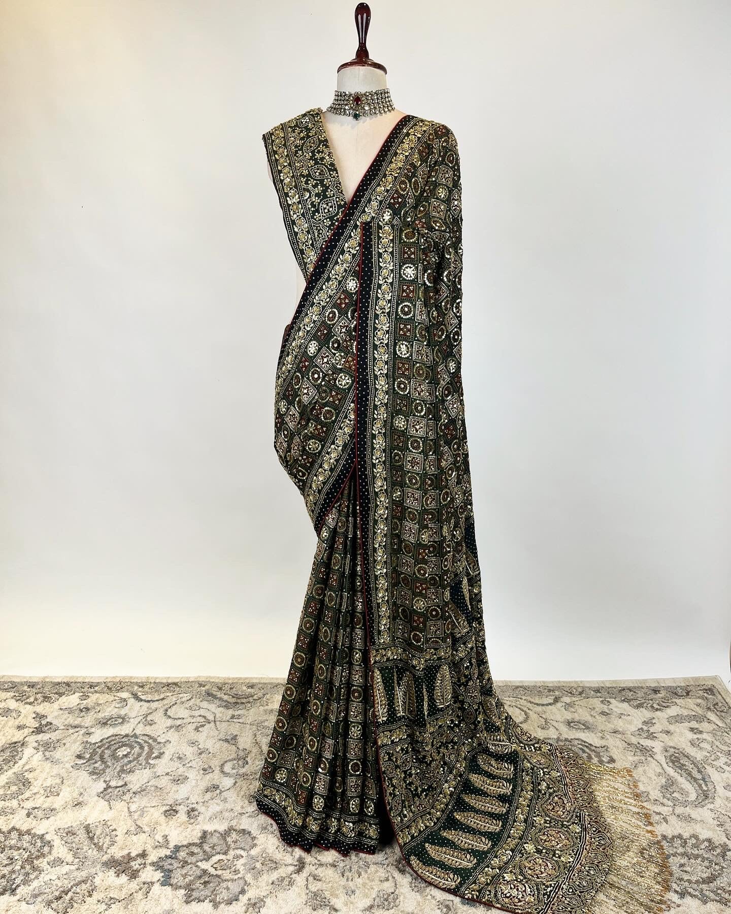 Gharchola inspired Deep Green Ajrakh Saree in Zardosi and Aari work