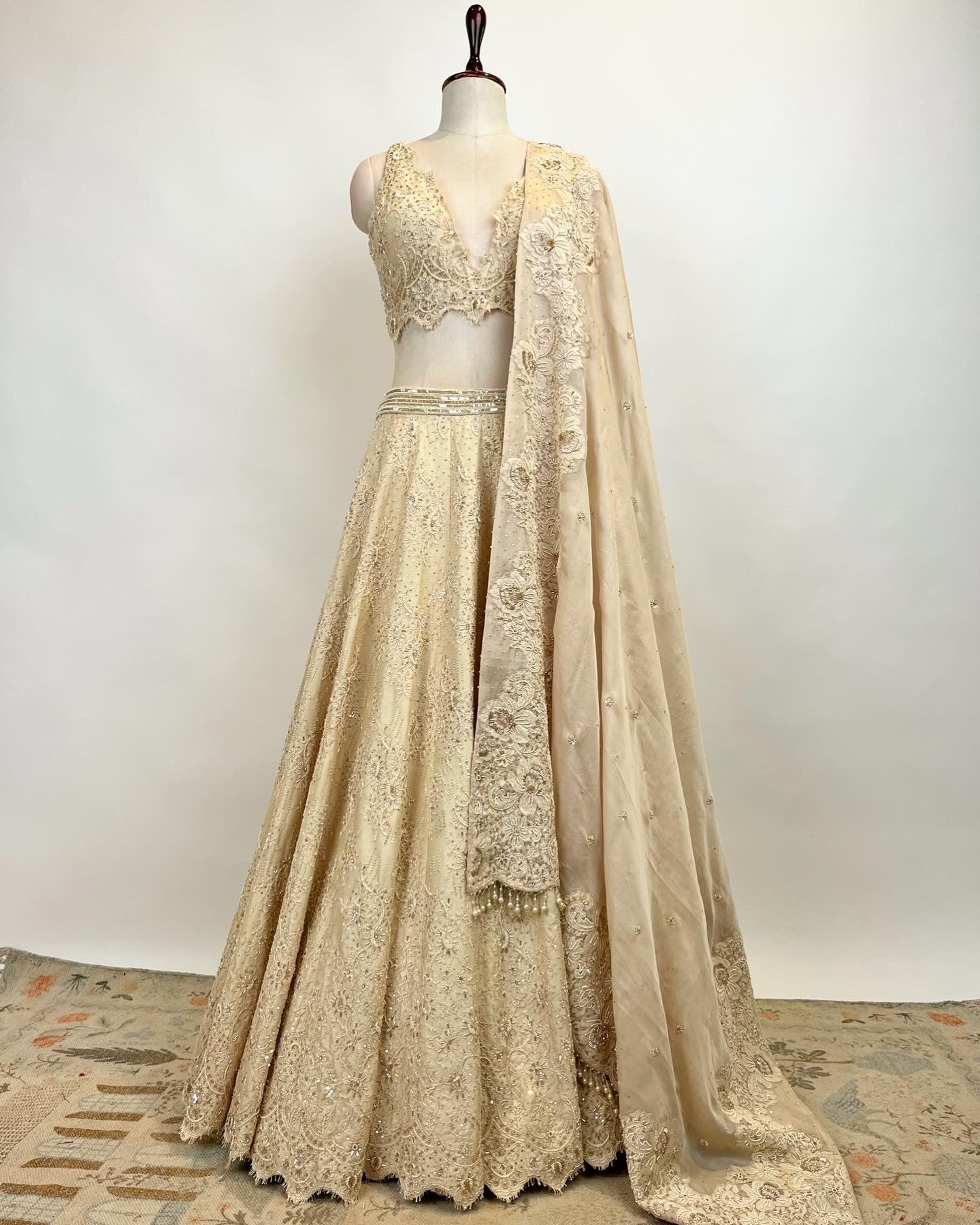 FRENCH CHANTILLY LEHENGA WITH BEADS & STONE DETAIL WORK