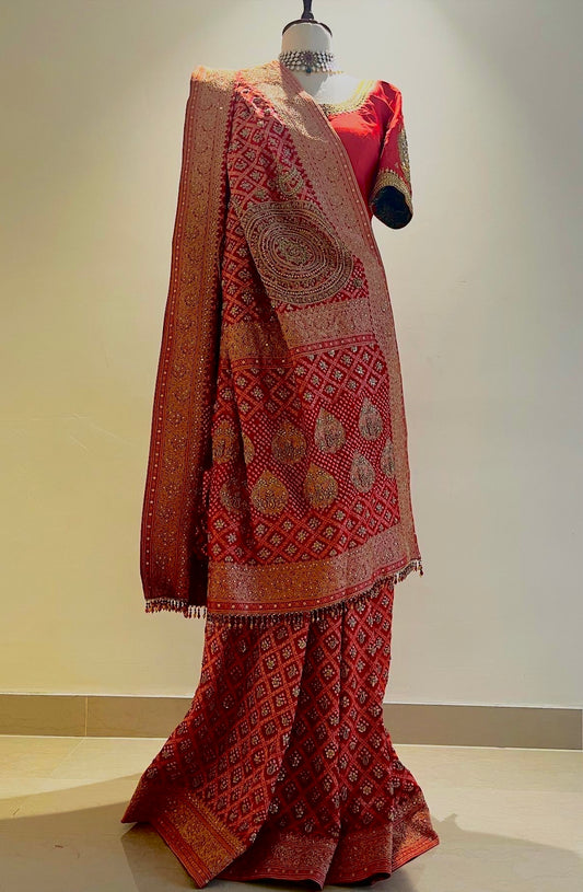 RED PURE ZARI RAI BANDHEJ BANARASI BANDHANI SAREE WITH MARODI & ZARDOSI WORK